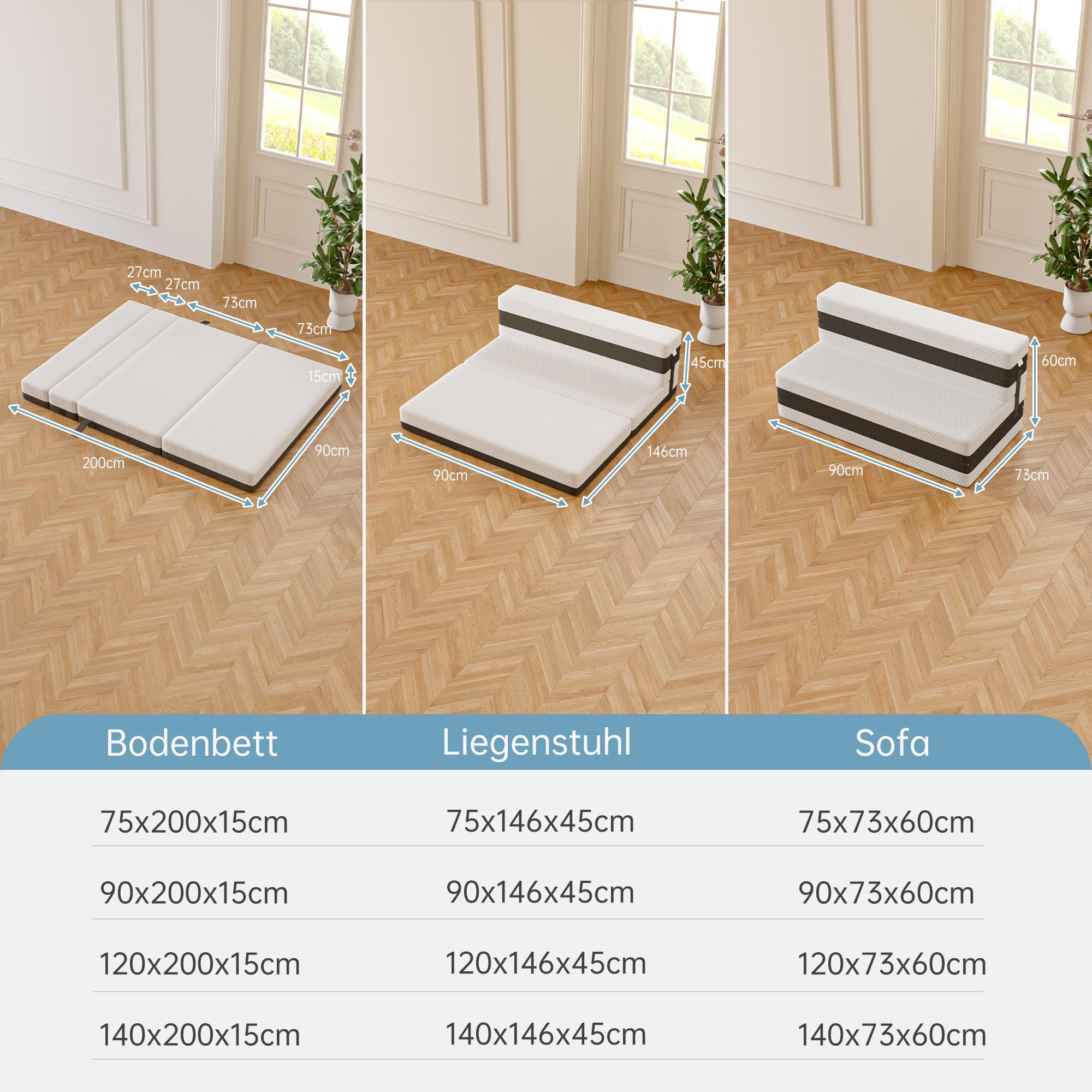 TeQsli Gel Klappmatratze 15 cm Höhe, Gästematratze, 4-teilige Faltmatratze & 3-in-1 Schlafsofa mit waschbarem und abnehmbarem Bezug, Öko-Tex & CertiPUR Zertifiziert (90x200x15cm)