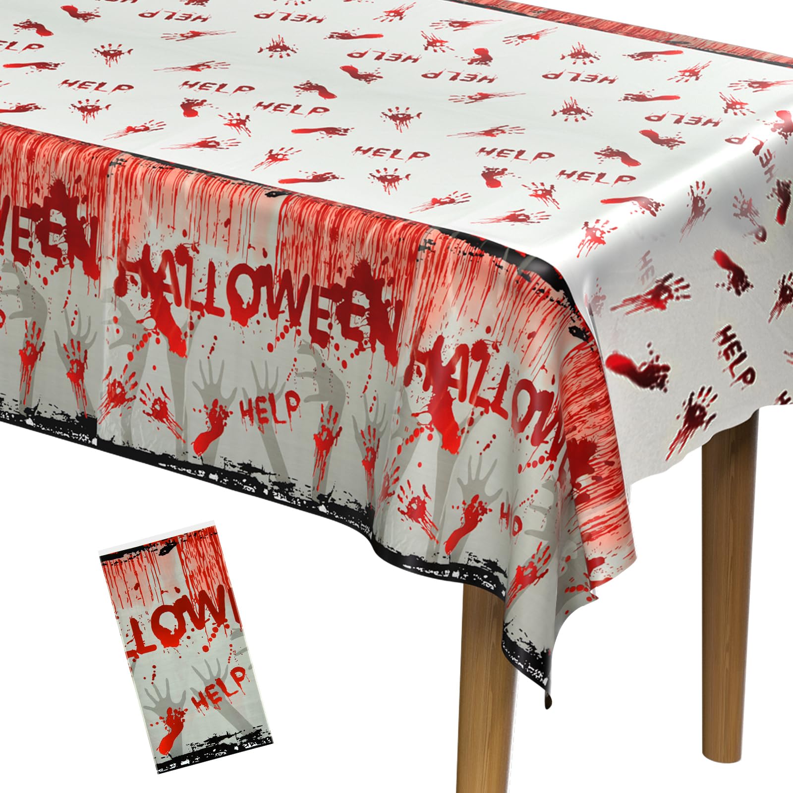 PLULON Halloween Tablecloth 54x108 inch Zombie Red Handprint Footprint Plastic Table Cloth Happy Halloween Table Cover for Holiday Dinner Table Decorations Halloween Party Supplies