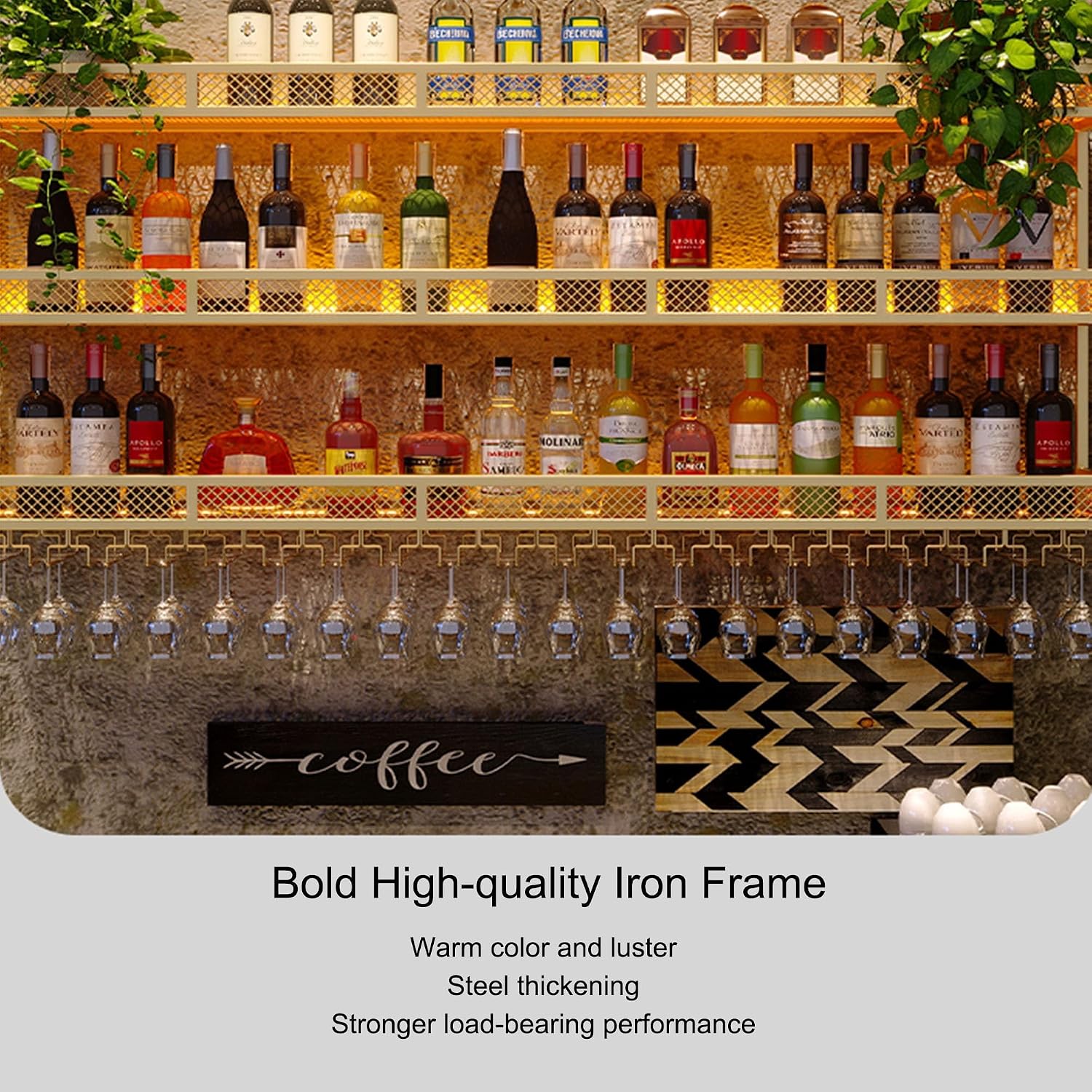 Metal Wine Rack Wall Mounted Floating Bar Shelves with LED Light Liquor Bottle Display Shelf with Hanging Wine Glass Rack Holder Kitchen Wall Shelf for Home Bar Cafe Restaurant Dining Room(Black,2 LAY