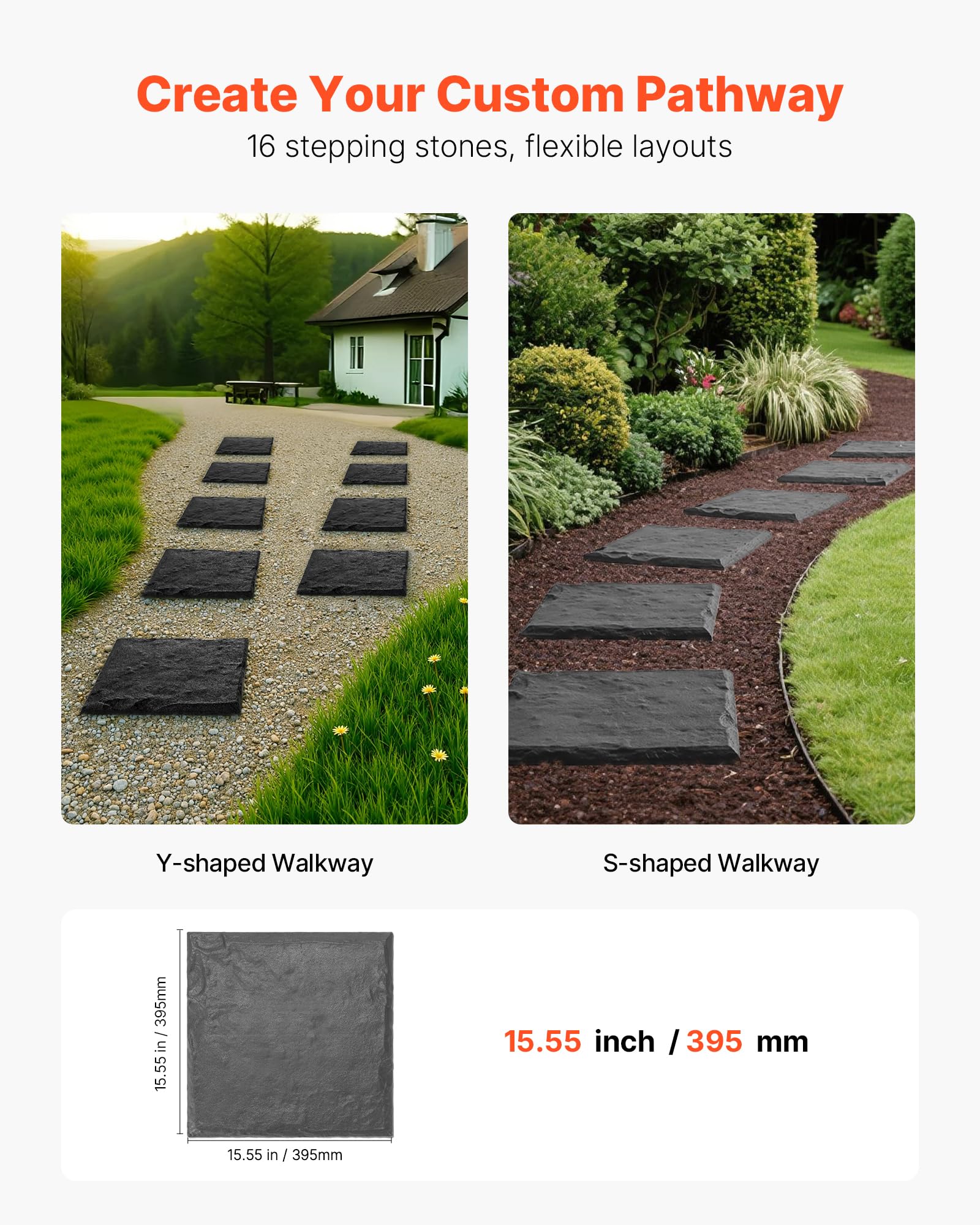 VEVOR Trittsteine Garten, 16 Stk., 395x395 mm, dekorative Gehwegplatte mit Pfählen, Kunststoff-Wegepflaster, Steinplatte aus PC+ABS-Harz, Steinoptik für Rasen, Terrassenlandschaft, Grau