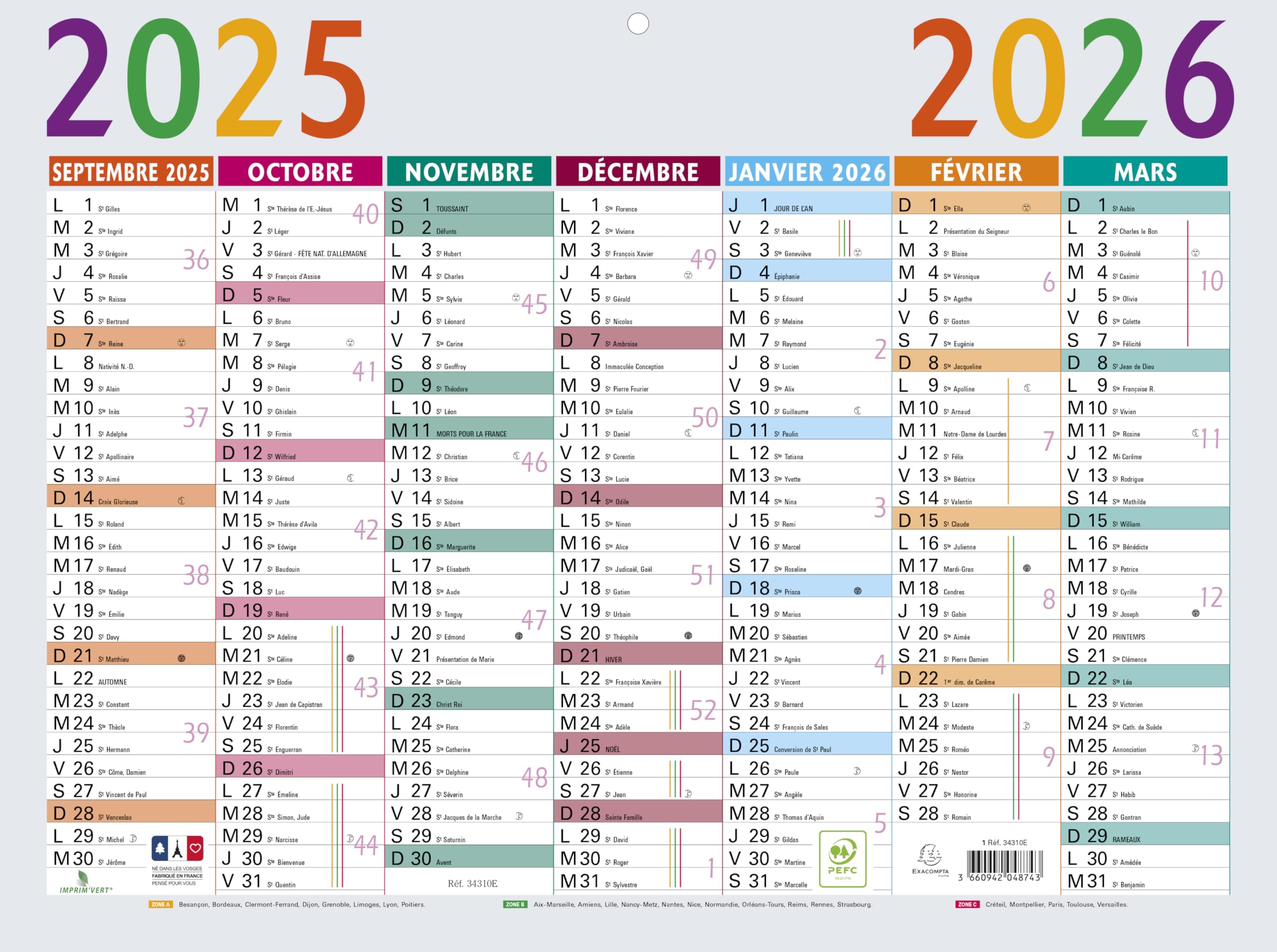 Exacompta 2019 School Calendar 530 x 405 mm September 2018 to December Multi-Coloured Multi-Coloured 29,5x22 Gray