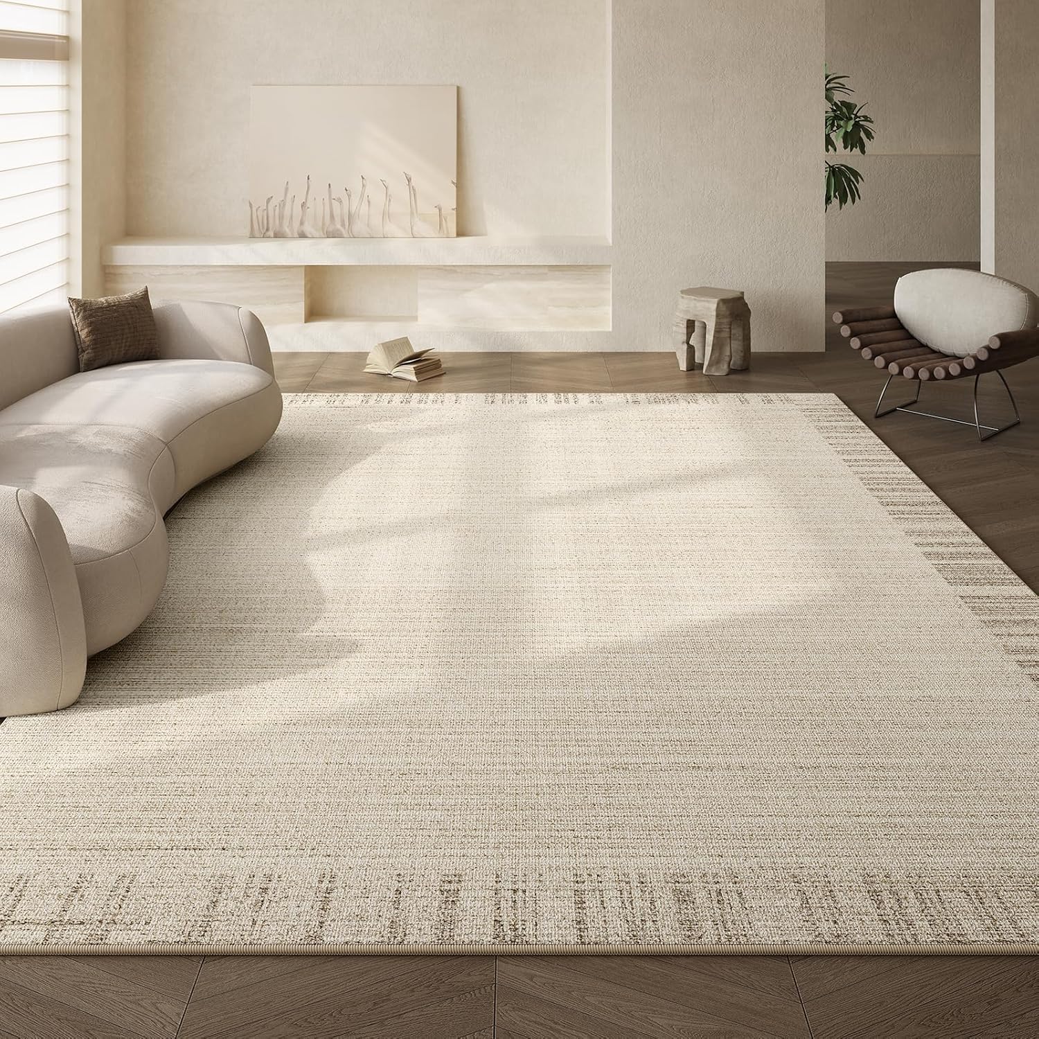 Tapis lavable antidérapant beige résistant aux taches de salon