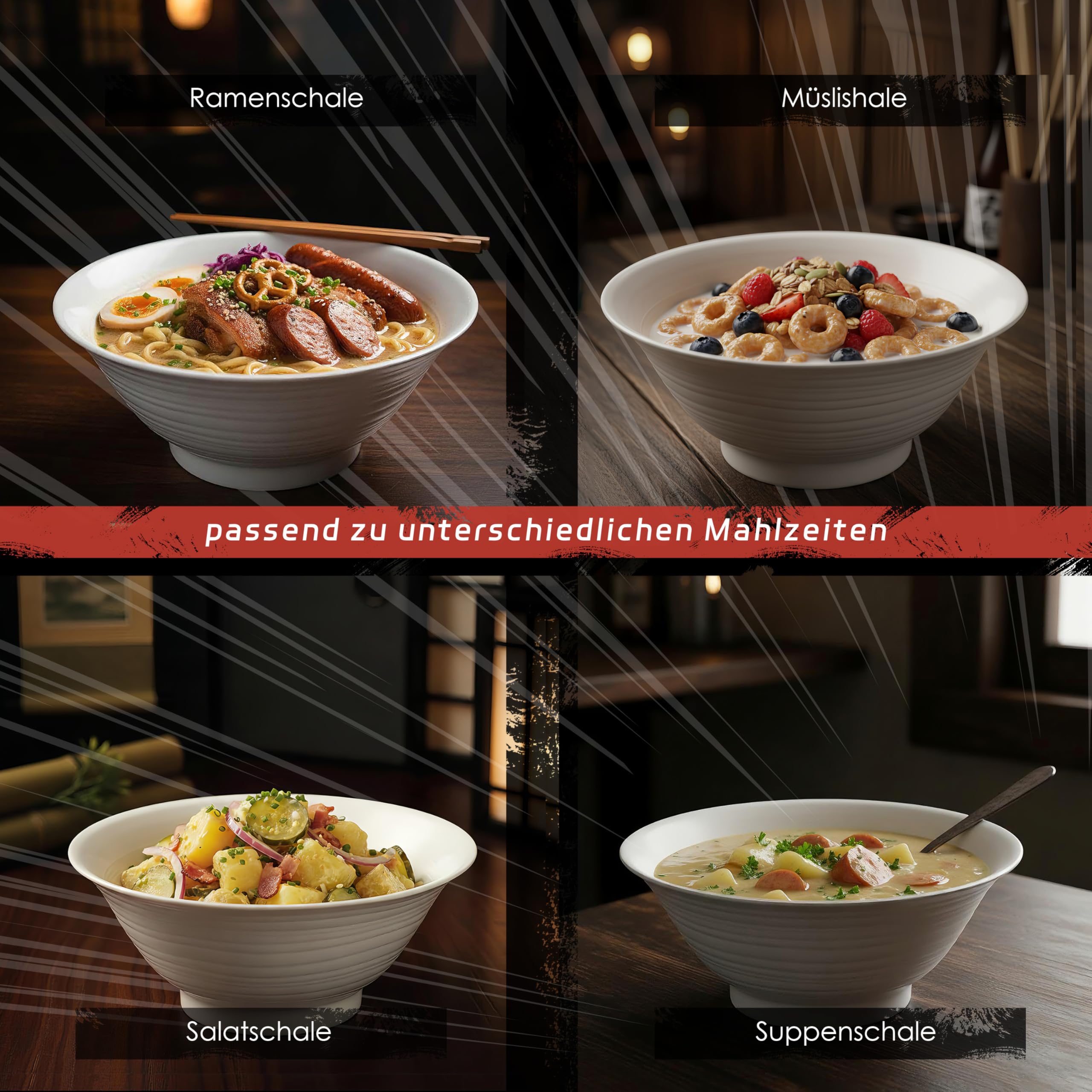 Jiwoo Ramen Lot de 4 assiettes creuses Ø 20 cm - Bol de qualité supérieure - Passe au micro-ondes - Bol à soupe japonais pour ramen, soupe, salade, spaghettis