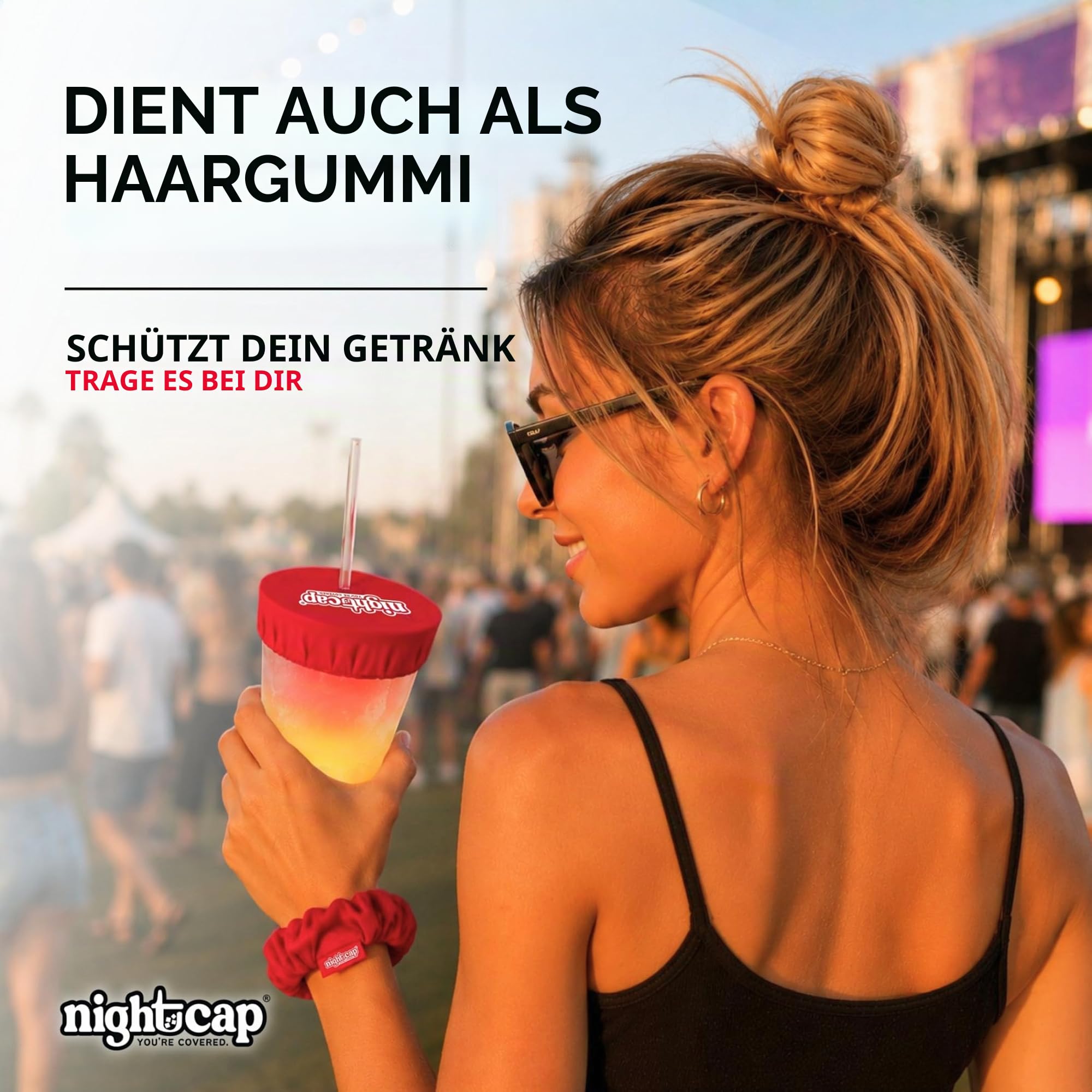 NightCap Haarband für Getränkeabdeckung - Das wiederverwendbare Haargummi zur Verhinderung von unbemerktem Beimischen von Drogen in Getränken, wie im Shark Tank gesehen, schwarz, 4 Pack