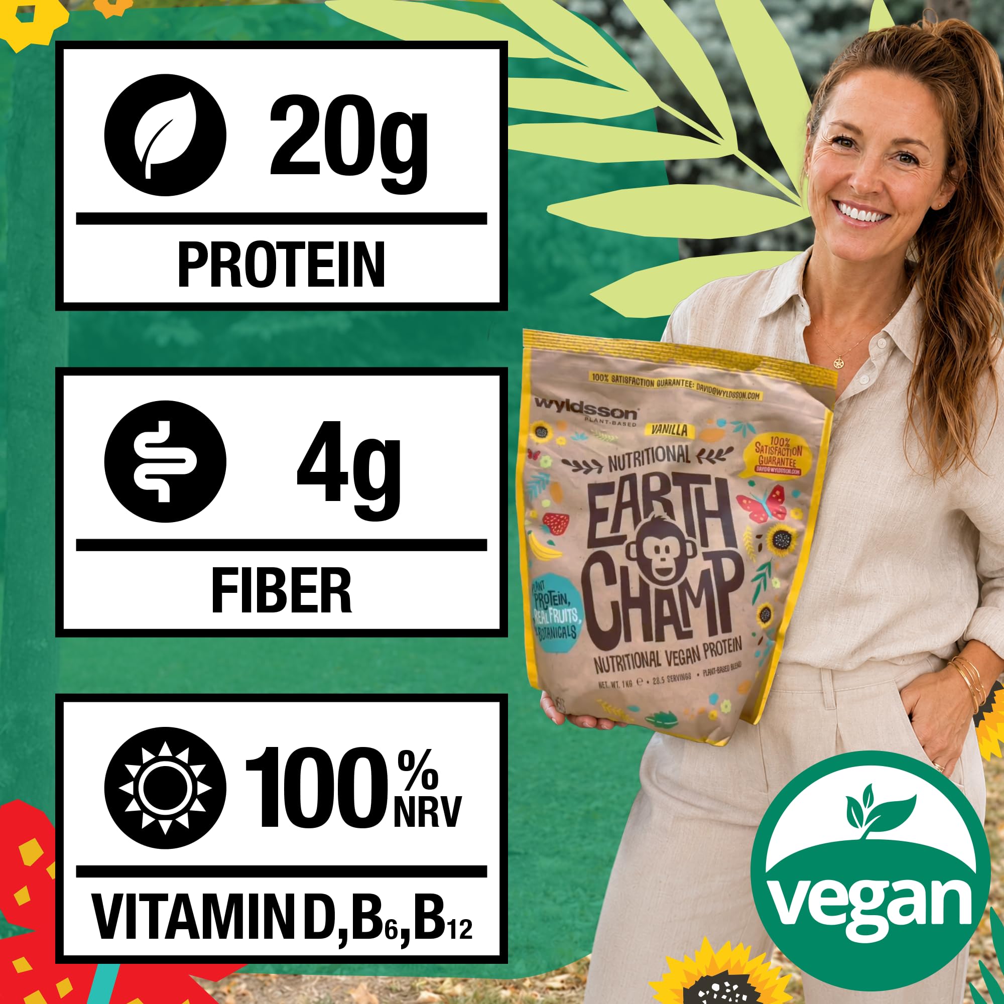 Wegański proszek białkowy (1 kg) - 28 porcji - EarthChamp by Wyldsson - Waniliowy shake proteinowy na bazie roślin, bez nabiału, bezglutenowy, bez laktozy (waniliowy)
