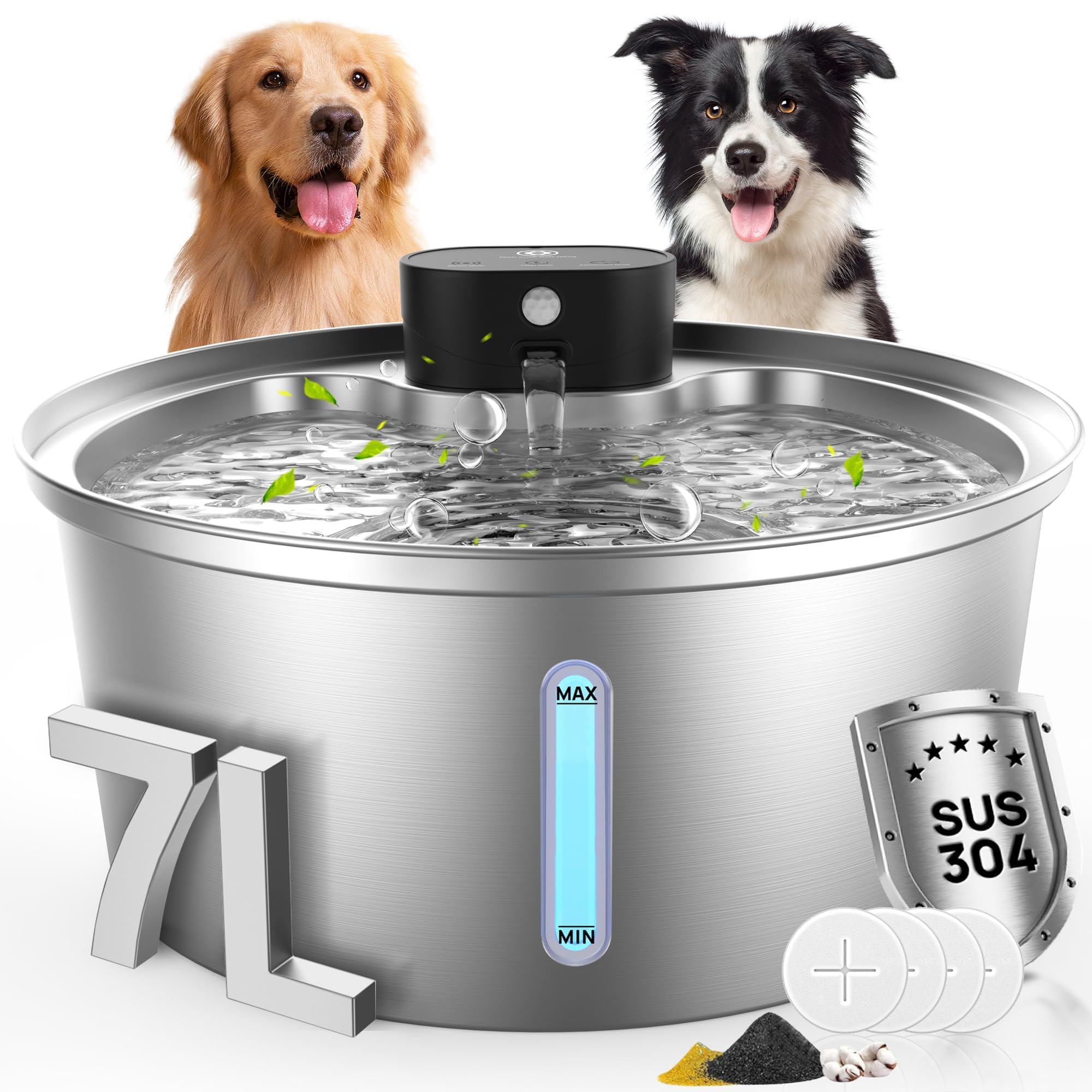 7L Wireless Dog Water Fountain, 5000mAh Battery Operated Stainless Steel Pet Water Dispenser for Large Dogs, Cordless Motion Sensor Water Bowl with