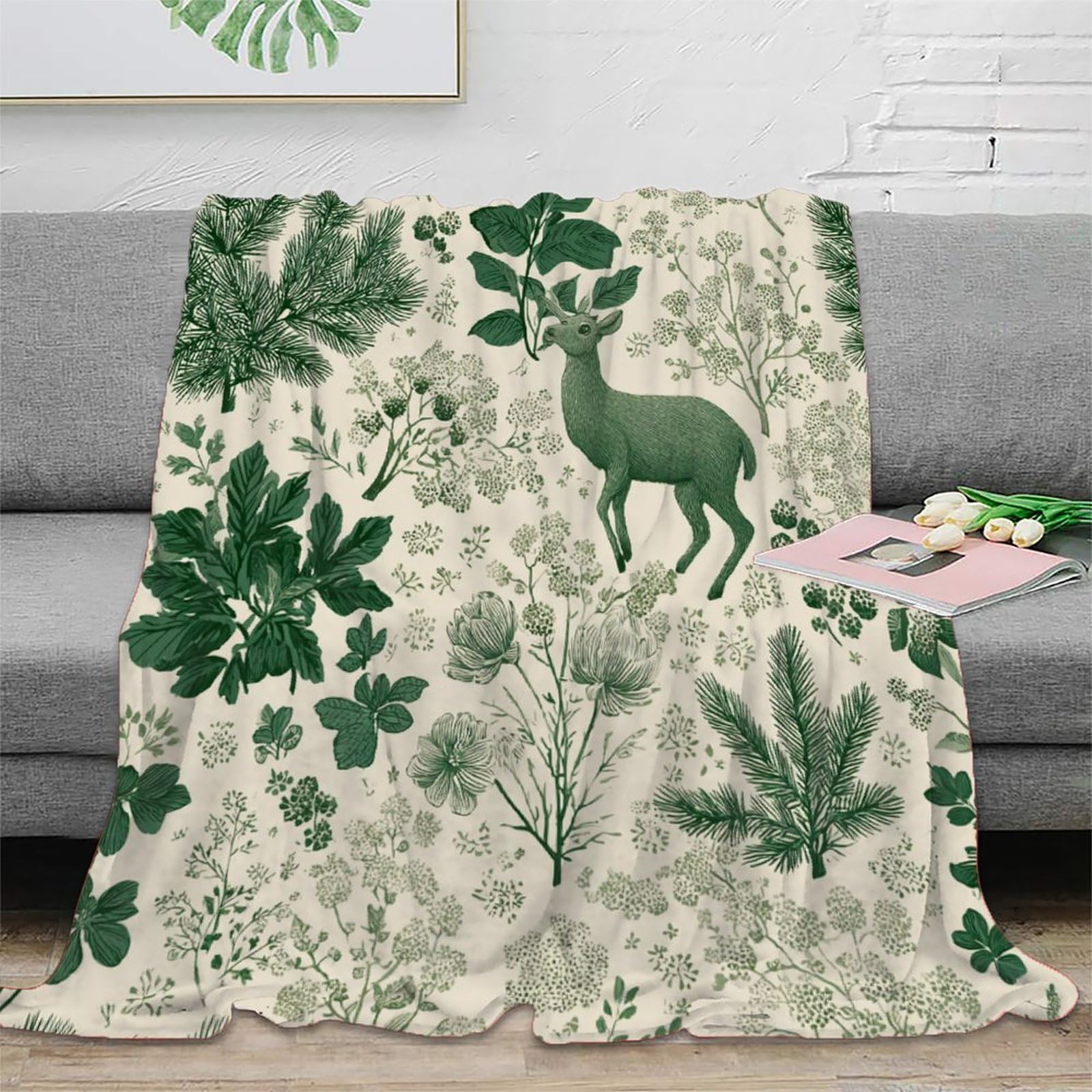 Foglie d'Erba, Rami di Cedro, Cervo Astratto Ropa Cama Para Adolescente Estampada Manta De Felpa Cómoda Y Suave Y Esponjosa Adecuada Para Sofá Cama Sofá 80x90inch(200x230cm)