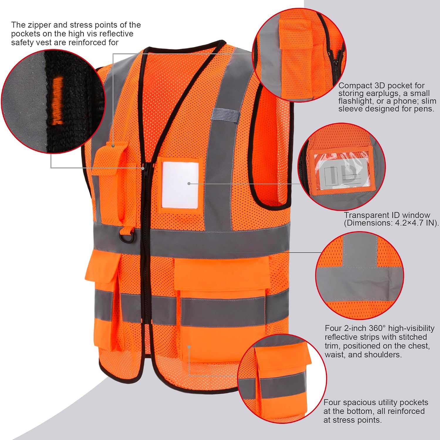 High Vis Safety Vest Reflective Strips, Multi-Pocket Design, Available in Yellow,Orange,black,Pink,blue,Red,purple