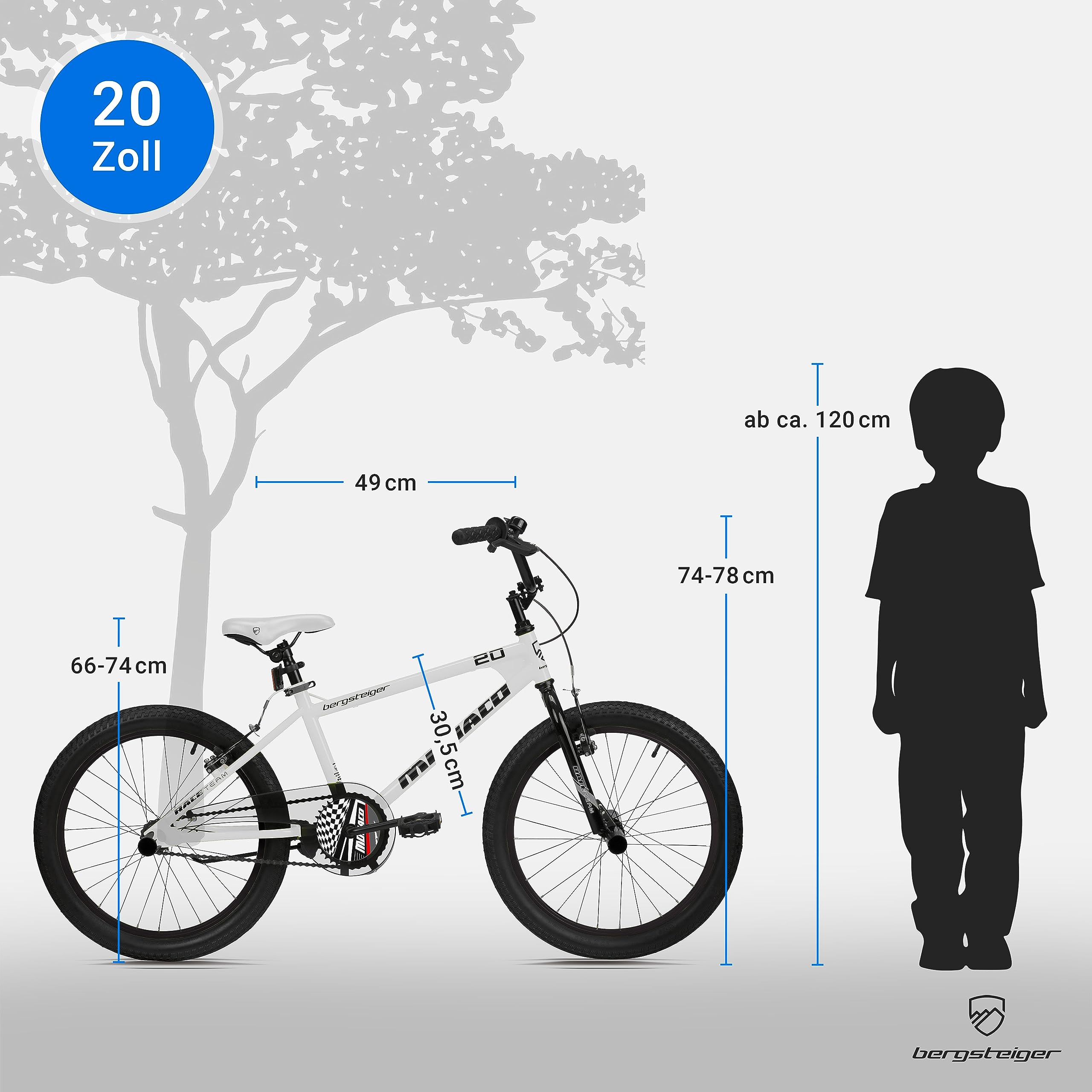 Bergsteiger Monaco 20 Zoll Kinderfahrrad BMX mit Hardtail Dirtrahmen | Cooles Freestyle Bike ab 120 cm Groesse mit 4 Stahl Pegs, breiten Reifen, V-Brakes und zu 90 Prozent fertiger Montage.
