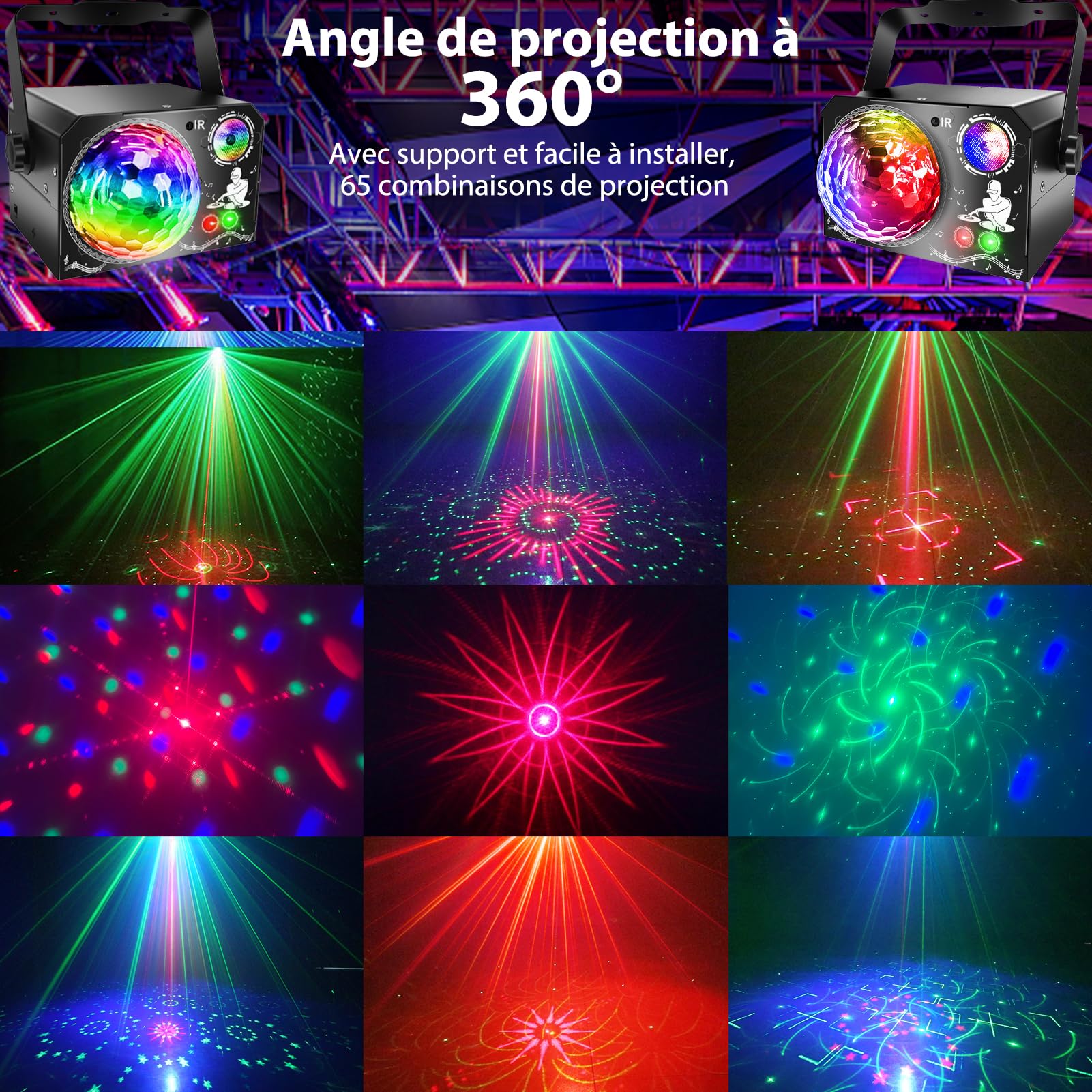 Lampe de Scène 4 en 1, Fwiull Lumière Disco avec Télécommande et Stroboscope, 65 Effets Lumineux RGB UV, USB Lumineux Boule Disco Musique Commande Vocale, Idéal Lumiere pour Soirée, Fête, Karaoké,Noël