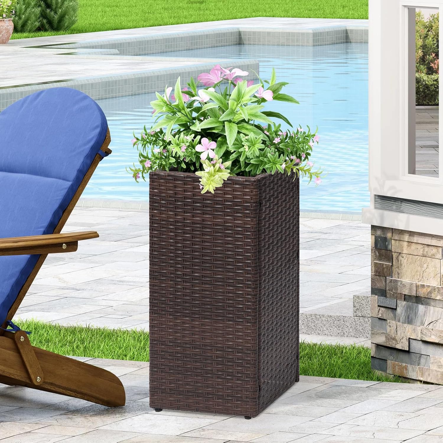 SUNNYPARK 2 Pack Tall Brown Rattan Square Planter Boxes with Removable Liners