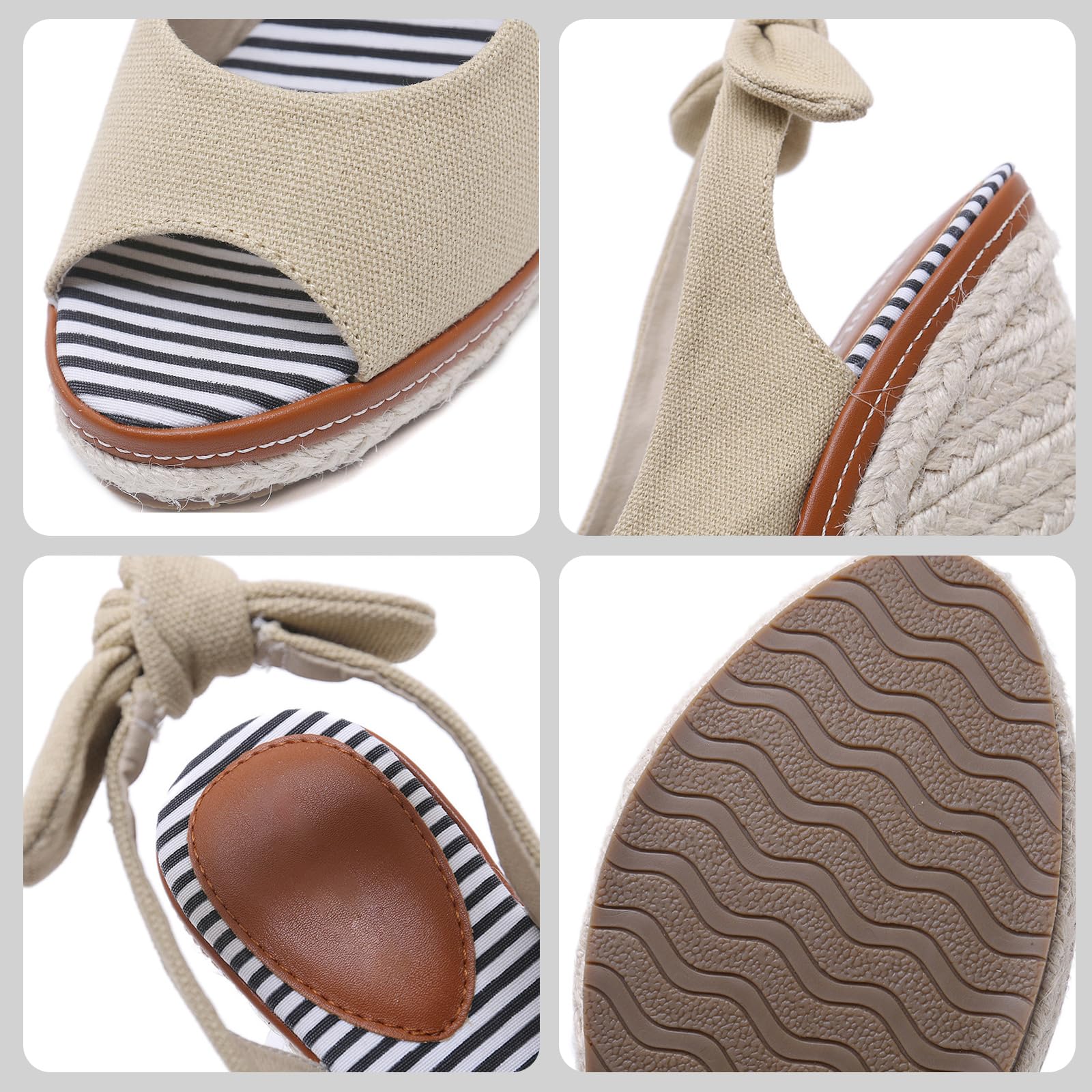 Sandali con zeppa a punta aperta in tela fiocco sul cinturino posteriore texture espadrille Ufficio pendolarismo camminata quotidiana