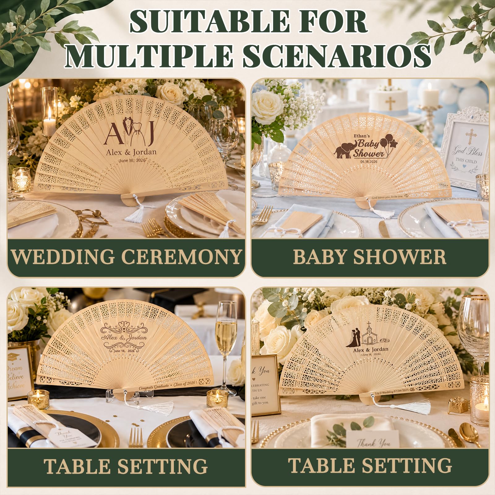 Personalisierte Holzfächer für Hochzeitsgäste – 100 Stück mit Namensgravur (100) | Gravur mit Namen/Datum/Logo | Holzklappfächer | Inkl. Organza-Beutel | Gastgeschenk Hochzeit