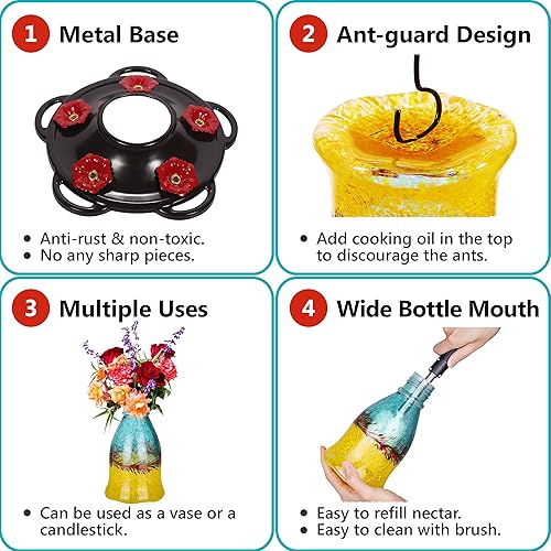 Miniatura 5 de LUJII Comederos para colibríes para exteriores a prueba de hormigas, comedero de colibríes de vidrio soplado hecho a mano para exteriores con gancho