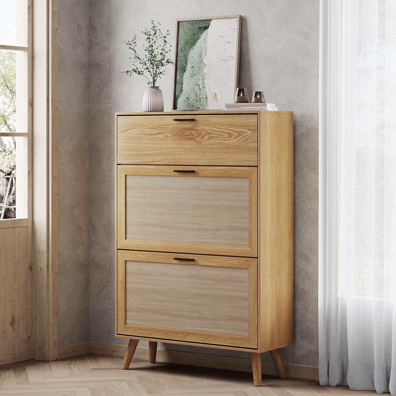 MU Natural Rattan Shoe Cabinet, Entryway Shoe Cabinet with 2 Flip Drawers and Hidden Cabinet, Boho Shoe Organizer Cabinet, Wooden Shoe Storage Cabinet