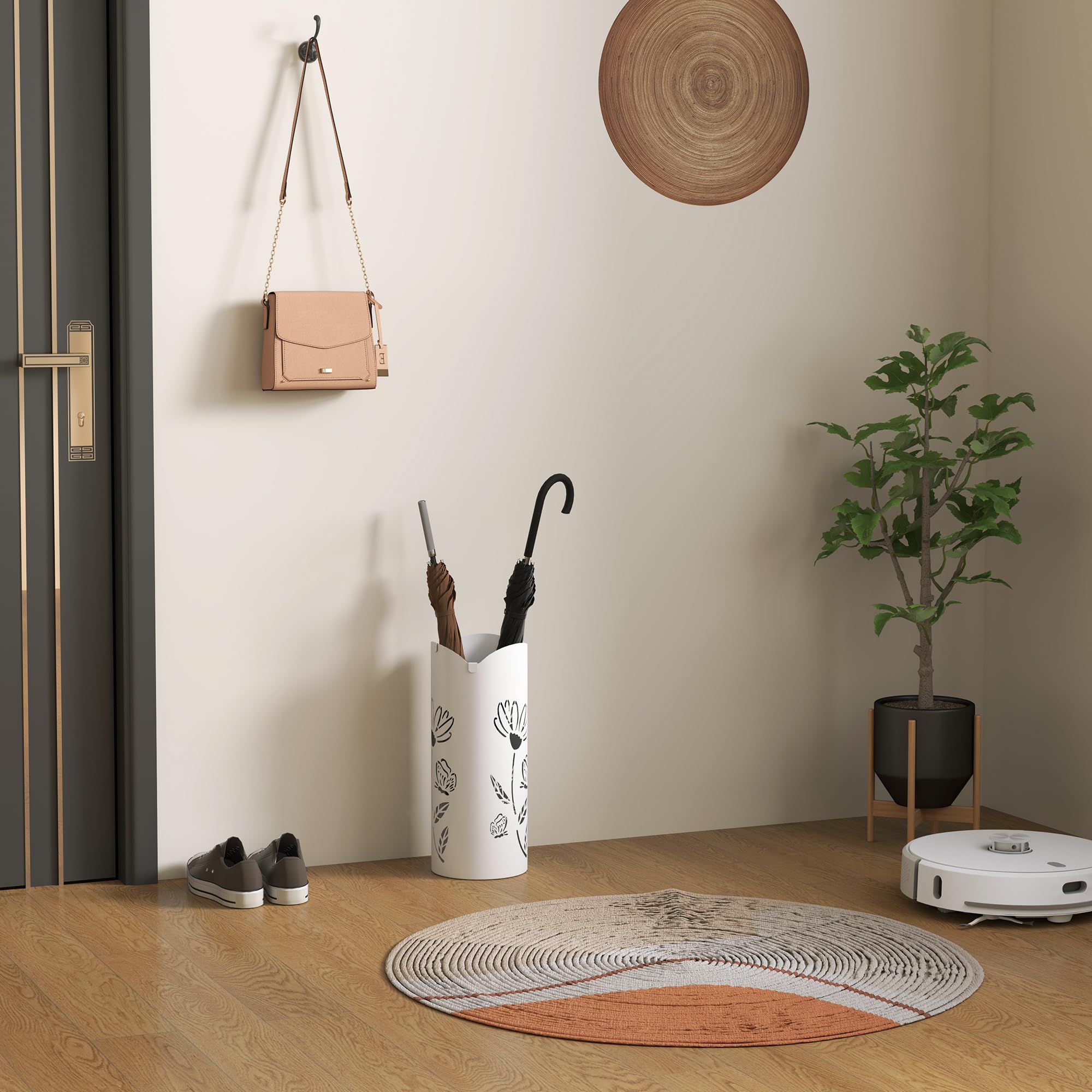 HOMCOM Paragüero de Acero Soporte de Paraguas con 4 Ganchos y Bandeja de Goteo Extraíble Paragüero Blanco para Entrada Oficina 17x17x41 cm