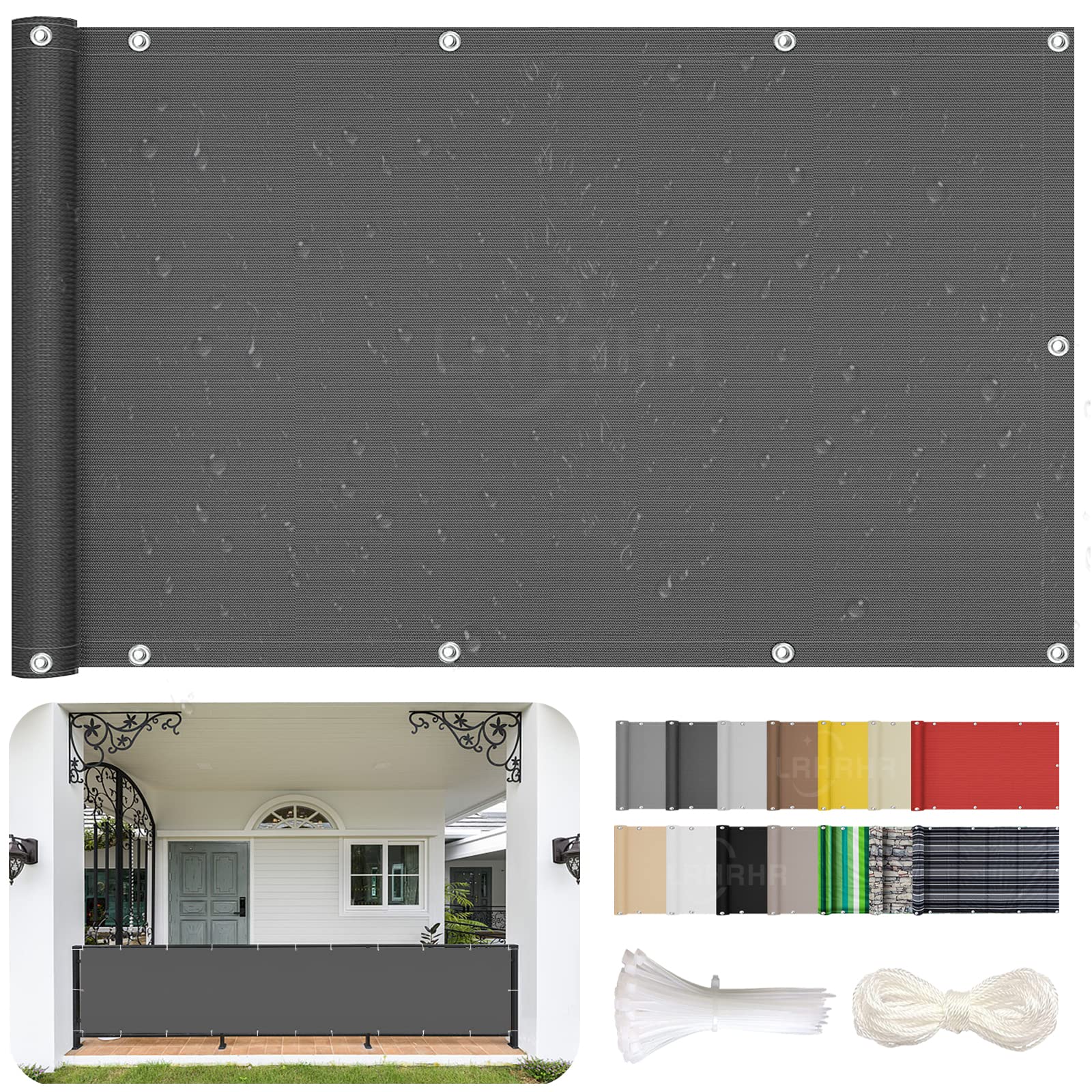 Osłona balkonowa, ochrona przed wzrokiem na patio, wodoodporna blokada promieniowania UV, osłona balkonowa z opaskami kablowymi i liną, ciemnoszara, 100 x 600 cm