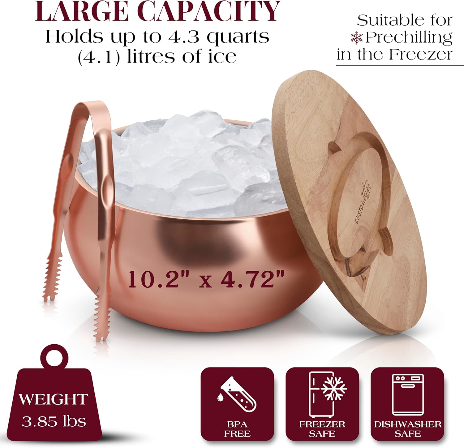 Gusto Nostro 4.1L Insulated Ice Bucket with Lid and Tongs, Double Wall Stainless Steel Ice Bucket Large, BPA Free Ice Bucket for Cocktail Bar, Keeps Champagne, Wine, Beer Chill for Parties (Rose) - Image 3