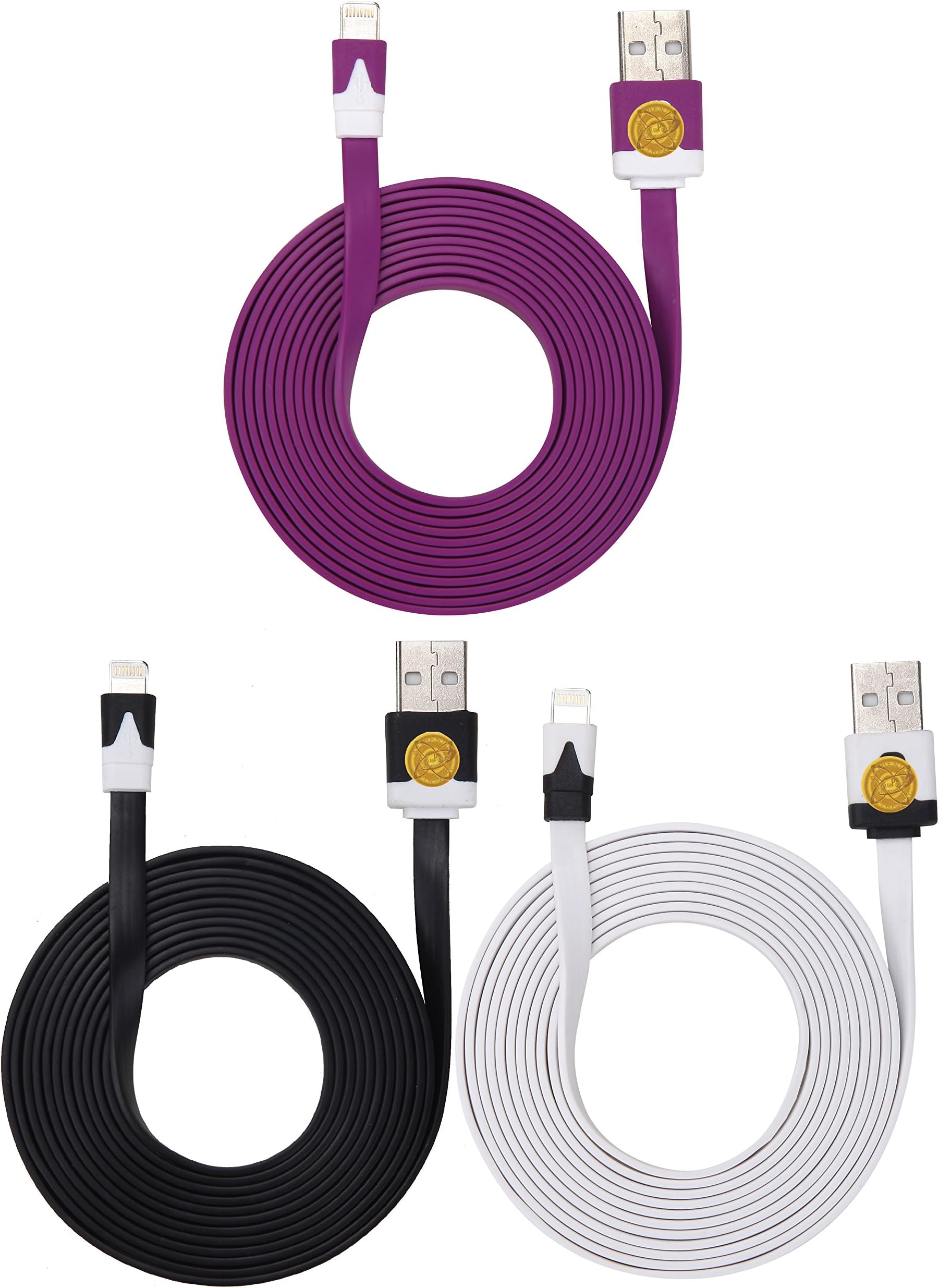 Premium 3Pk 6ft FLAT NOODLE Lightning Charging Cables Cord for Apple iPhone 5, 5c, 5s,iPhone 6,iPhone 6 plus, iPad Air, iPad 4th Gen, iPad Mini ,8 pin to usb cable (Black-white-purple)