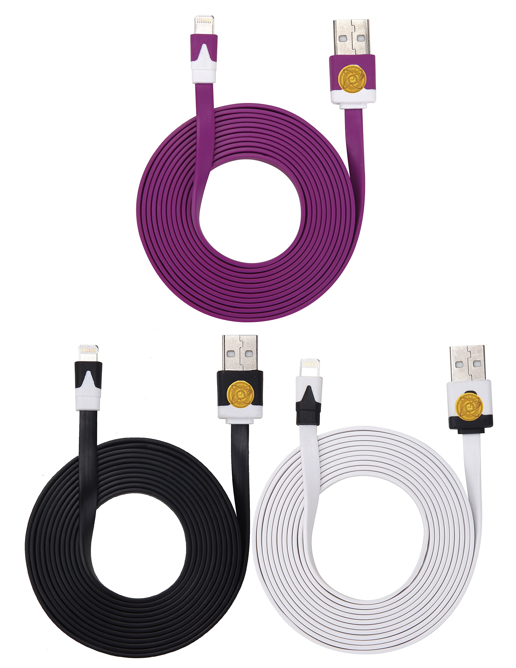 Premium 3Pk 6ft FLAT NOODLE Lightning Charging Cables Cord for Apple iPhone 5, 5c, 5s,iPhone 6,iPhone 6 plus, iPad Air, iPad 4th Gen, iPad Mini ,8 pin to usb cable (Black-white-purple)