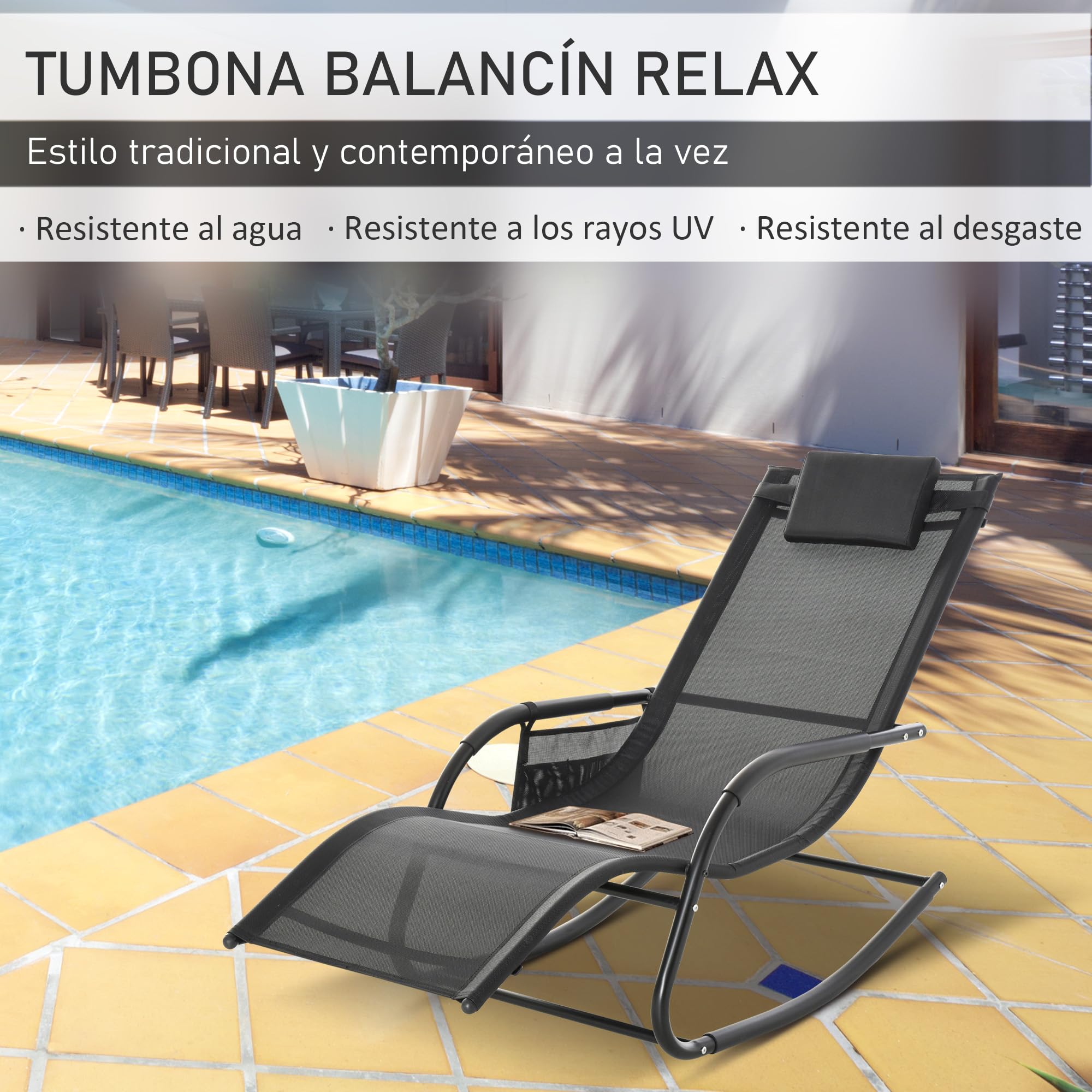 Outsunny Mecedora de Exterior Tumbona Mecedora con Reposabrazos Reposacabezas Acolchado y Bolsillo Lateral Carga 120 kg para Jardín Terraza Patio 150x62x88 cm Negro