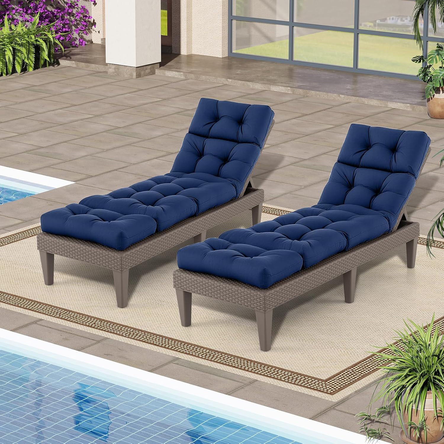 Tangkula Chaise Lounge Cushions Outdoor, 73 x 22 Inch Patio High Back Recliner Cushion with 4 String Ties, 4” Thick Padded Lounge Chair Cushion Replacement for Outdoor Indoor Furniture (4, Navy Blue)