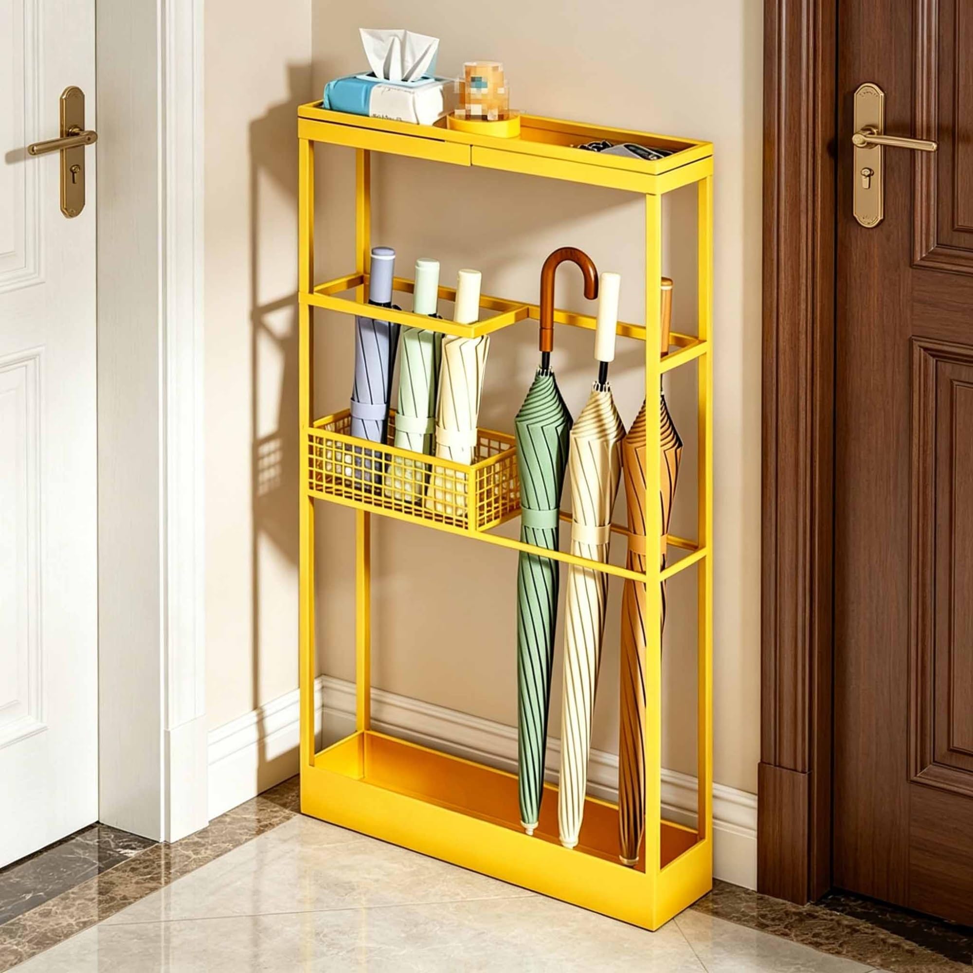 Asiwnshw Umbrella Stand Indoor Entryway, Iron Umbrella Holder Rack, Umbrella Holder Bin, Freestanding Bucket for Umbrellas, Canes, Walking Sticks (40 * 9 * 68cm)(Gold)