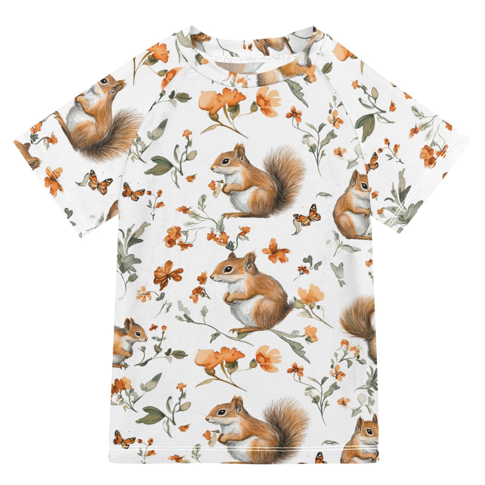 Aesthetic Squirrel White Girls Bathing Suit UV Protection Rash Guard Girls Swimwears Kids Activewear for Toddler Boy 9-10Y