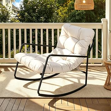 Outdoor Rocking Chair Set, 3-Piece Patio Rocking Chair with Side Table | Rocking Lounge Chair with Cushion for Indoor Outdoor Use, Comfy Modern Rocker Chair for Porch, Garden, Living Room
