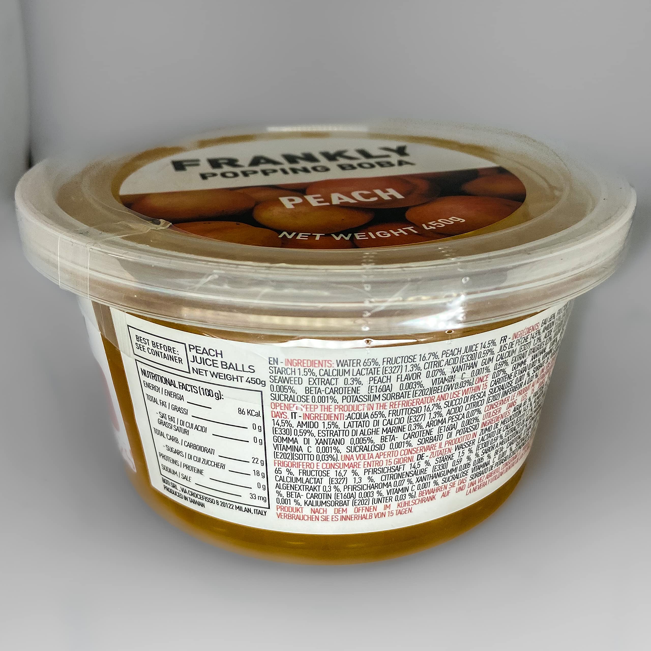 FRANKLY Popping Boba - Esferas de fruta para Bubble tea, té de burbujas, yogur, pasteles y dulces (Melocotón, 450g)