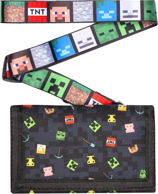 Minecraft - Kids Wallet - Wallet for Boys/Girls - Black Pixels Video Game Money Wallet - Lanyard - Minecraft Gifts - Official Minecraft Merchandise