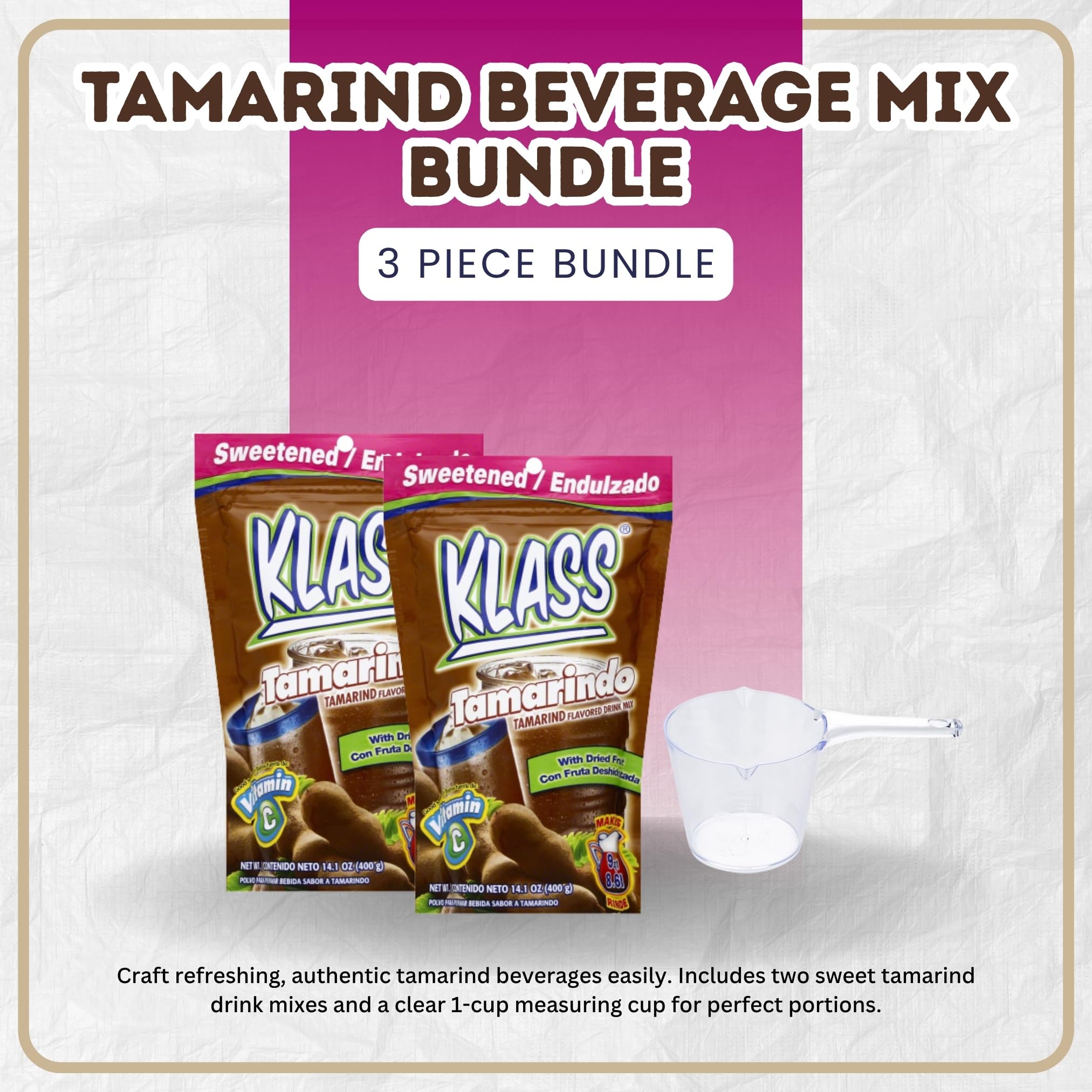 2x Klass Bev Mix Tamarindo Sweetened 14.1 OZ Bundle with Measuring Cup – Traditional Aguas Frescas Drink Mix with Sweet and Tangy Tamarind Flavor – Gift Set (3 Items)