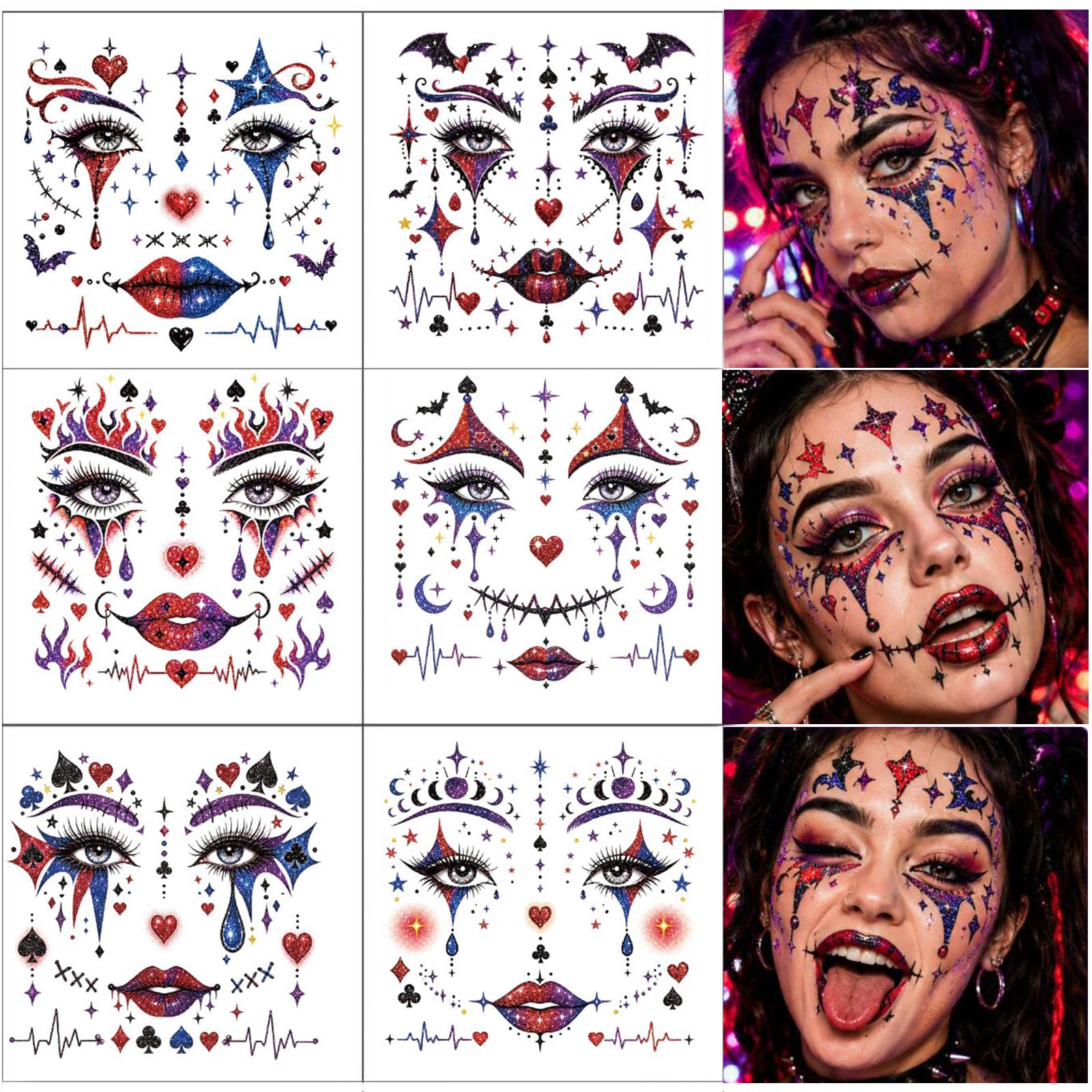 Halloween Glitter Clown Face Temporary Tattoos for Clown Makeup Accessories Red And Black