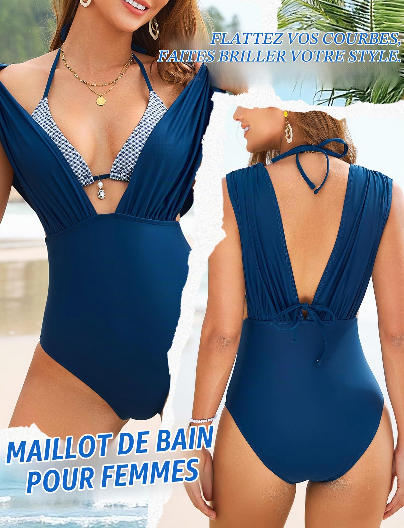 Bikini Femme Deux Pièces Taille Haute Contrôle du Ventre, Maillot de Bain Col Halter Dos Nu