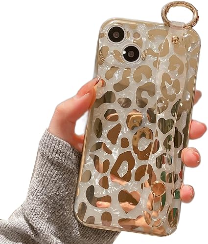 AYABUCO Funda para iPhone 15 con correa de muñeca de leopardo chapado en oro y bucle para el dedo, correa de muñeca ajustable de TPU suave, soporte AYABUCO Funda para iPhone 15 con correa de muñeca de leopardo chapado en oro y bucle para el dedo, correa de muñeca ajustable de TPU suave, soporte