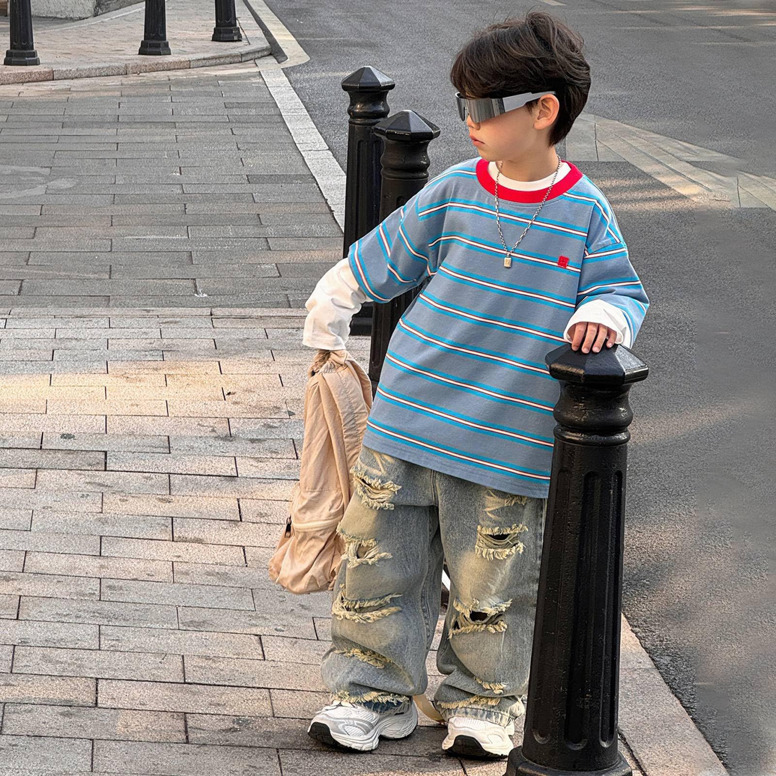 Generico Jeans Baggy Ragazzo-Jeans per Bambini, Pantaloni in Denim Strappati, Stile Casual, da Strada, Stile, con Dettagli Strappati, Comodi Pantaloni Lunghi Elasticizzati per l'uso Quotidiano