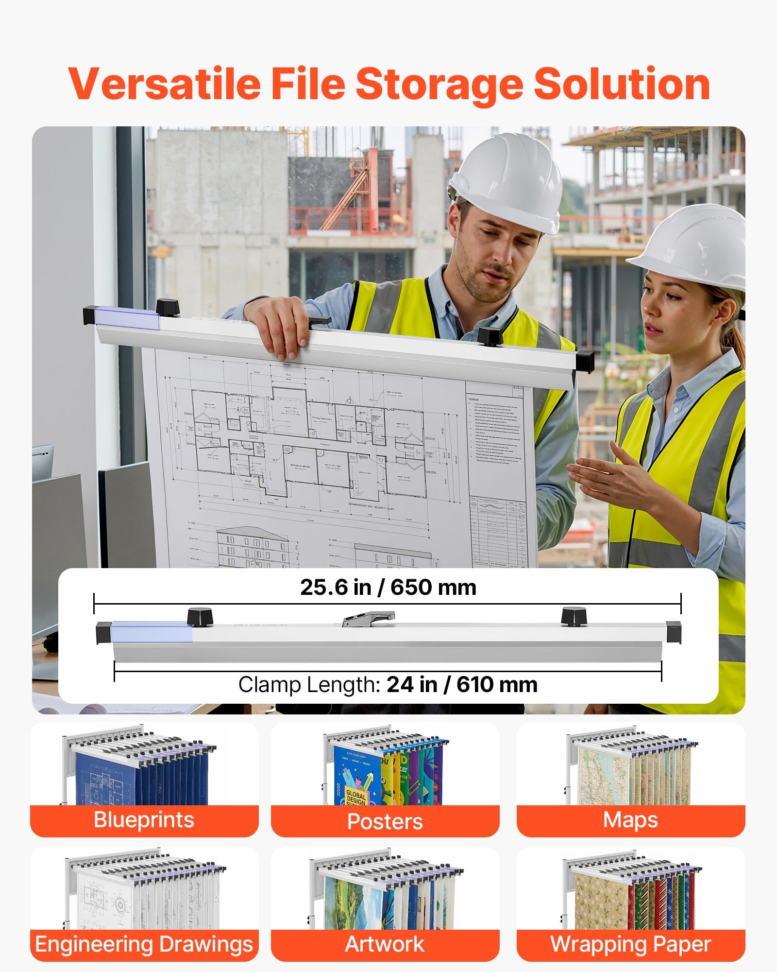 VEVOR Abrazaderas Colgantes para Planos, Ancho de 610 mm, Paquete de 12 Piezas, Tiras de Encuadernación, Estructura de Aluminio, Soporte de Almacenamiento para Planos de Ingeniería Carteles Dibujos