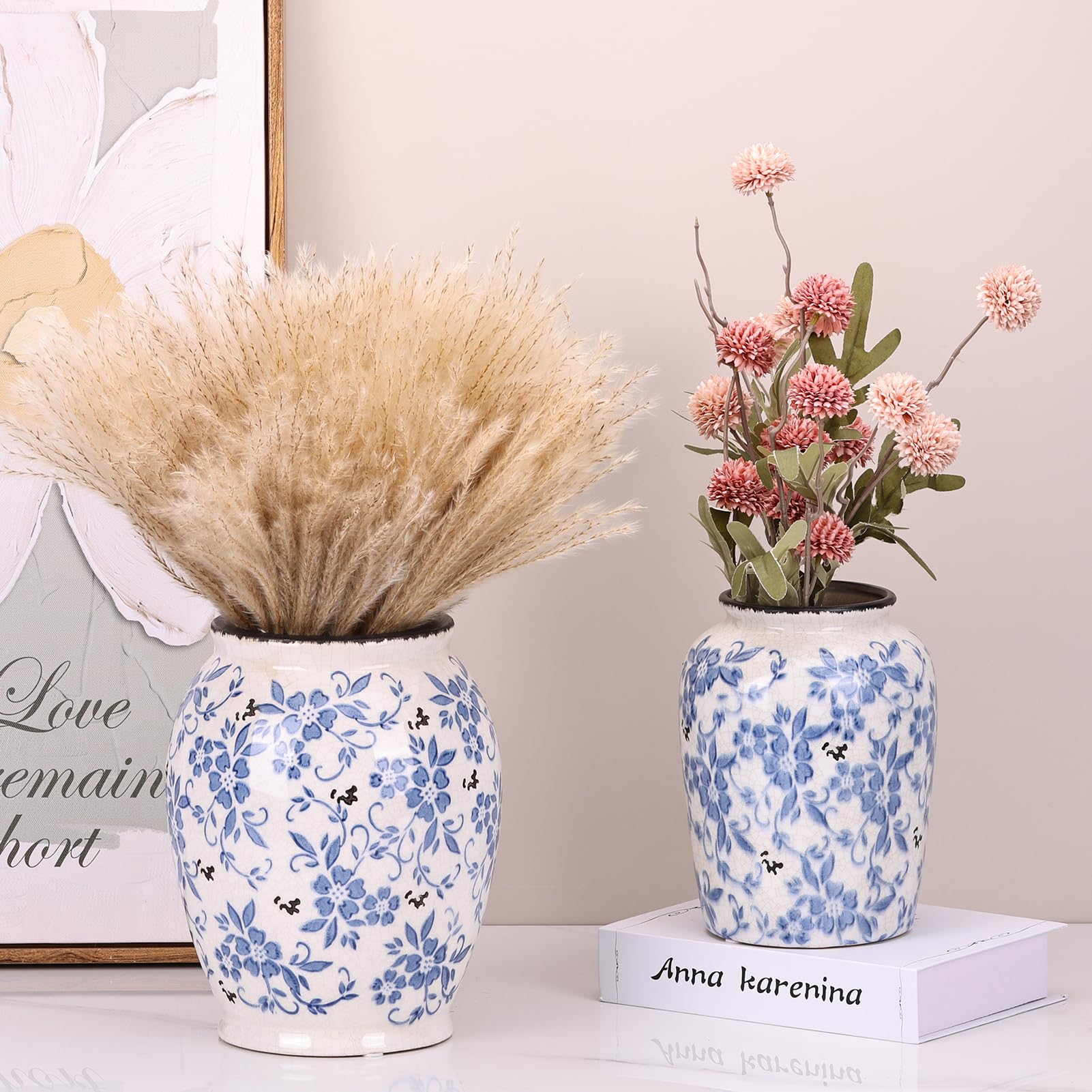 orenm Vase Keramik Blau Weiß – Deko Vase Vintage, Porzellan Große Vase für Wohnzimmer Tischdeko,Esstisch & Fensterbank 23.5cm Höhe