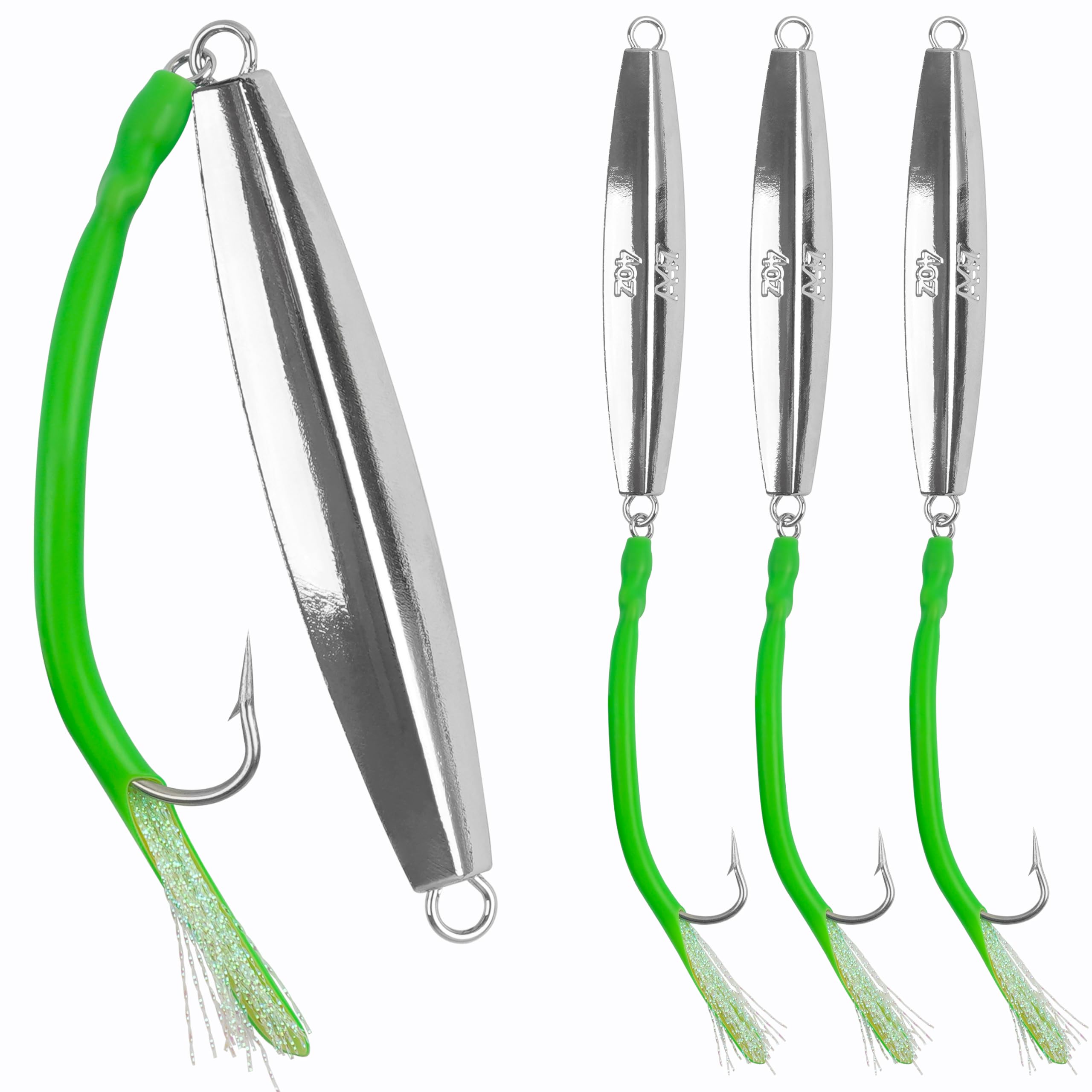 Señuelos de pesca de agua salada, 3 piezas de cebos planos de metal fundido con anzuelos en J para pesca de surf, pescado, atún, salmón, agua dulce (verde, 10 onzas, 3 piezas)