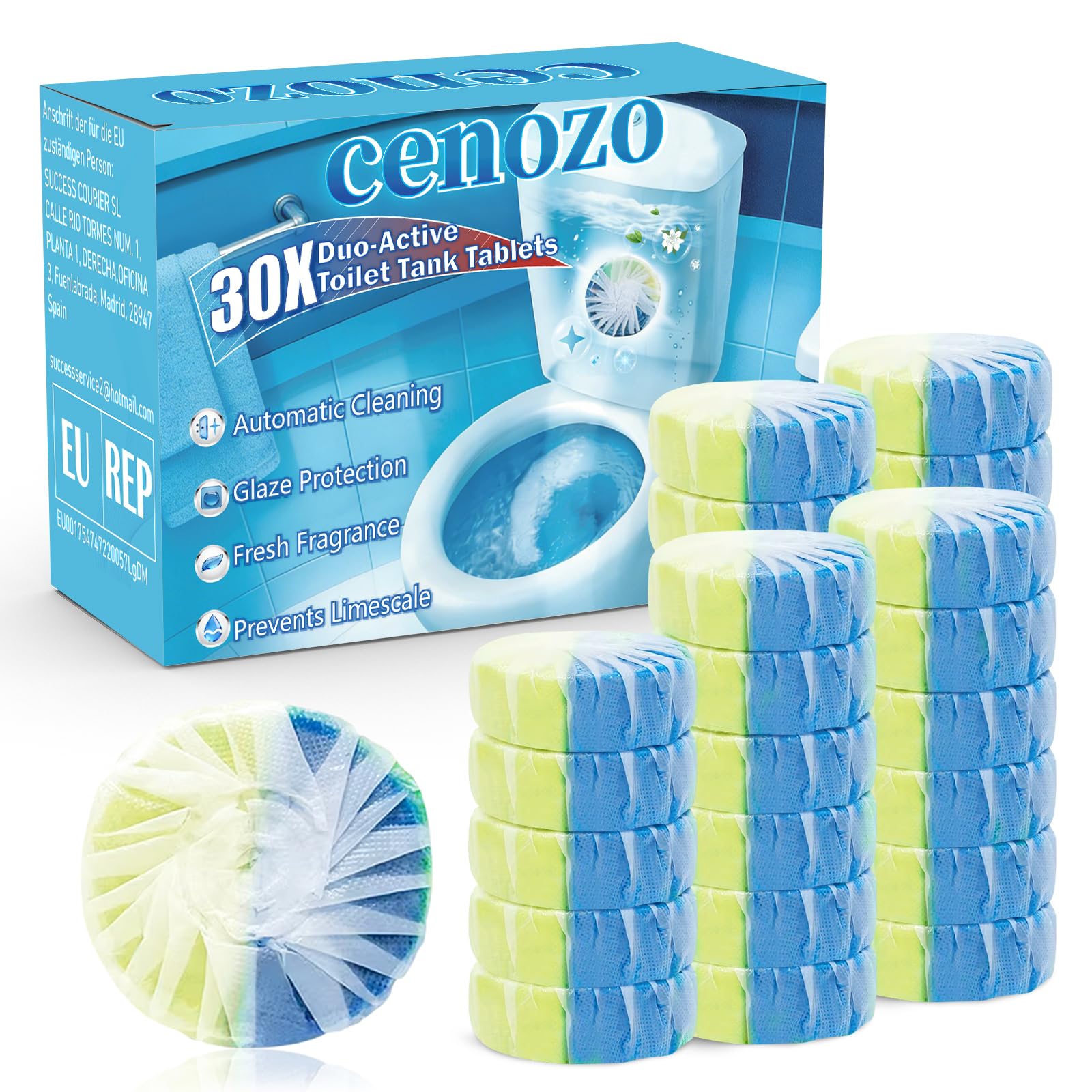 30 szt. WC odświeżacza, Duo-Aktywny czyścik do spłuczki (50 g/tabletka), Zapobiega kamieniu i brudowi, Chroni glazurę, Orzeźwiający zapach