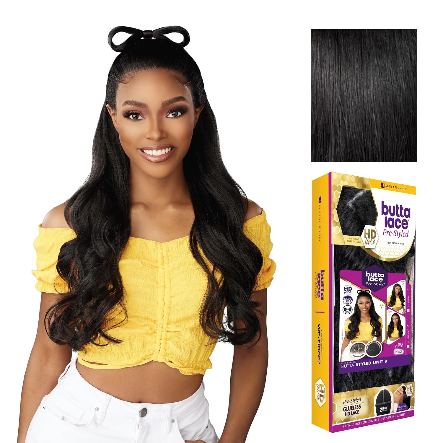 Sensationnel Butta Lace Prestyled Wigs - Unit 8 Glueless 13x4 Hand Tied Deep Lace Part Synthetic Preplucked Hairline (1 JETBLACK)