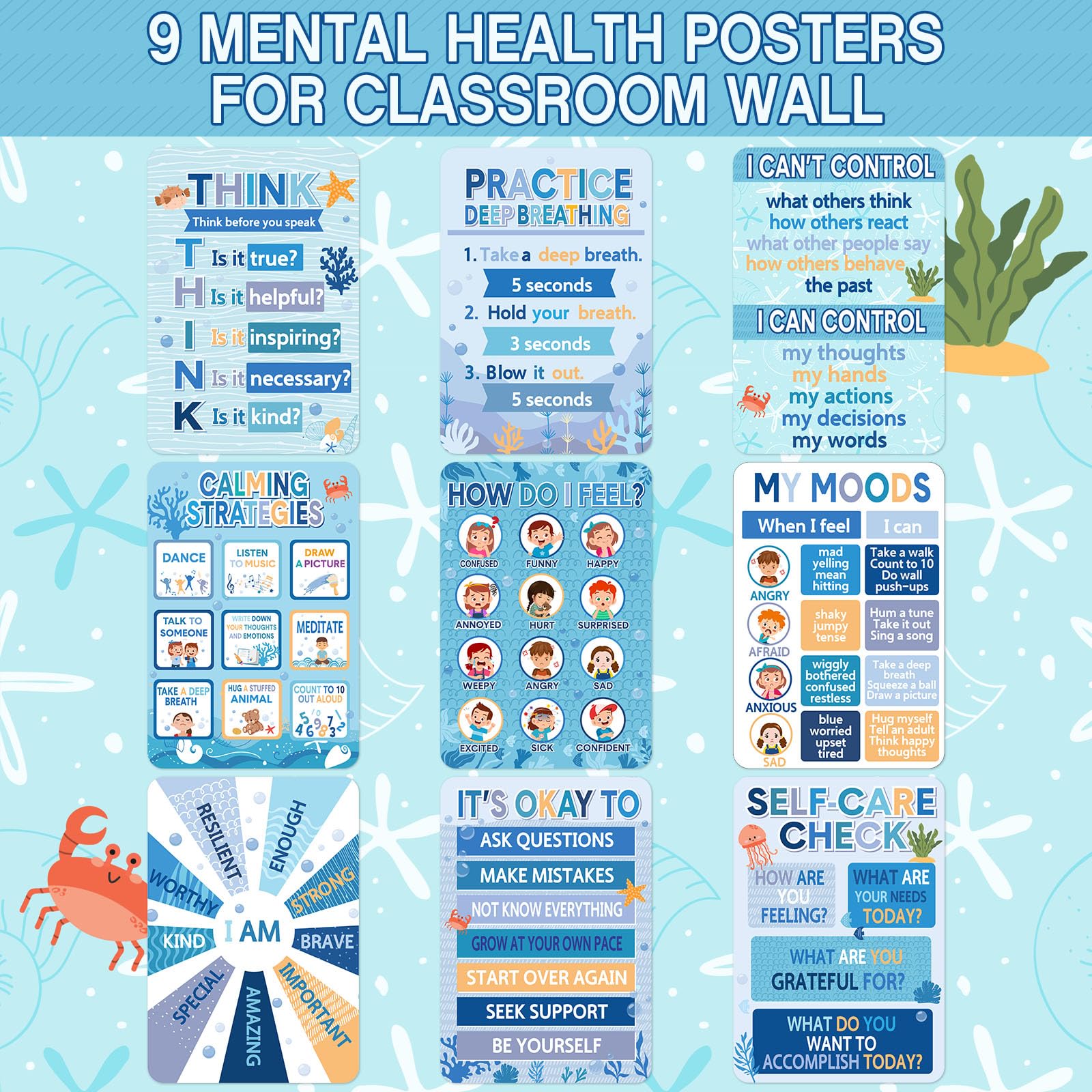 Pajean Lot de 10 affiches d'angle apaisantes pour salle de classe - Poster bohème sur la santé mentale - Tableau des sentiments de calme vers le bas - Tableau des émotions - Tableau des compétences