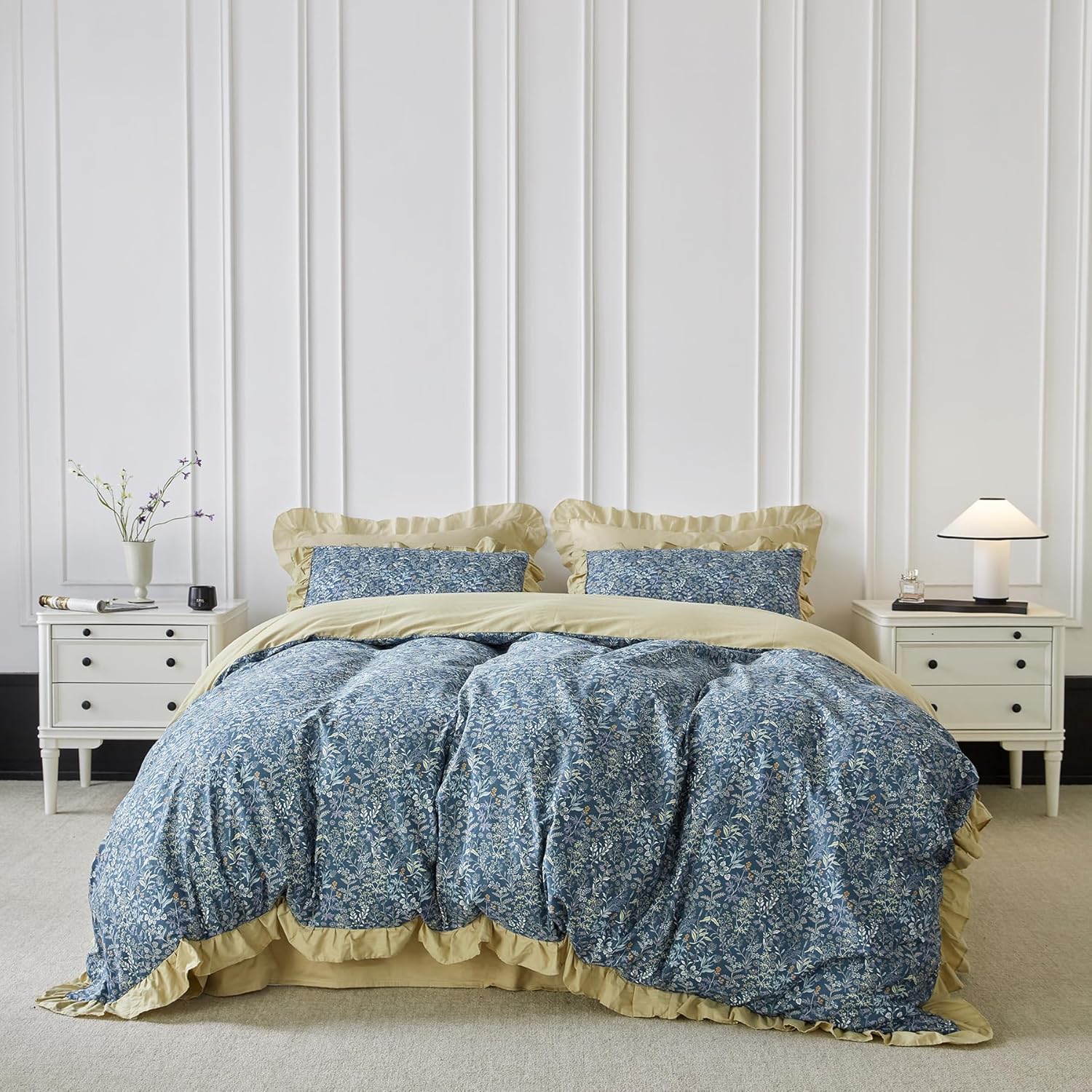 SUSYBAO Juego de funda de edredón con volantes color caqui, tamaño Queen, 100% algodón, 3 piezas, 1 funda de edredón de flores azules y naranjas con