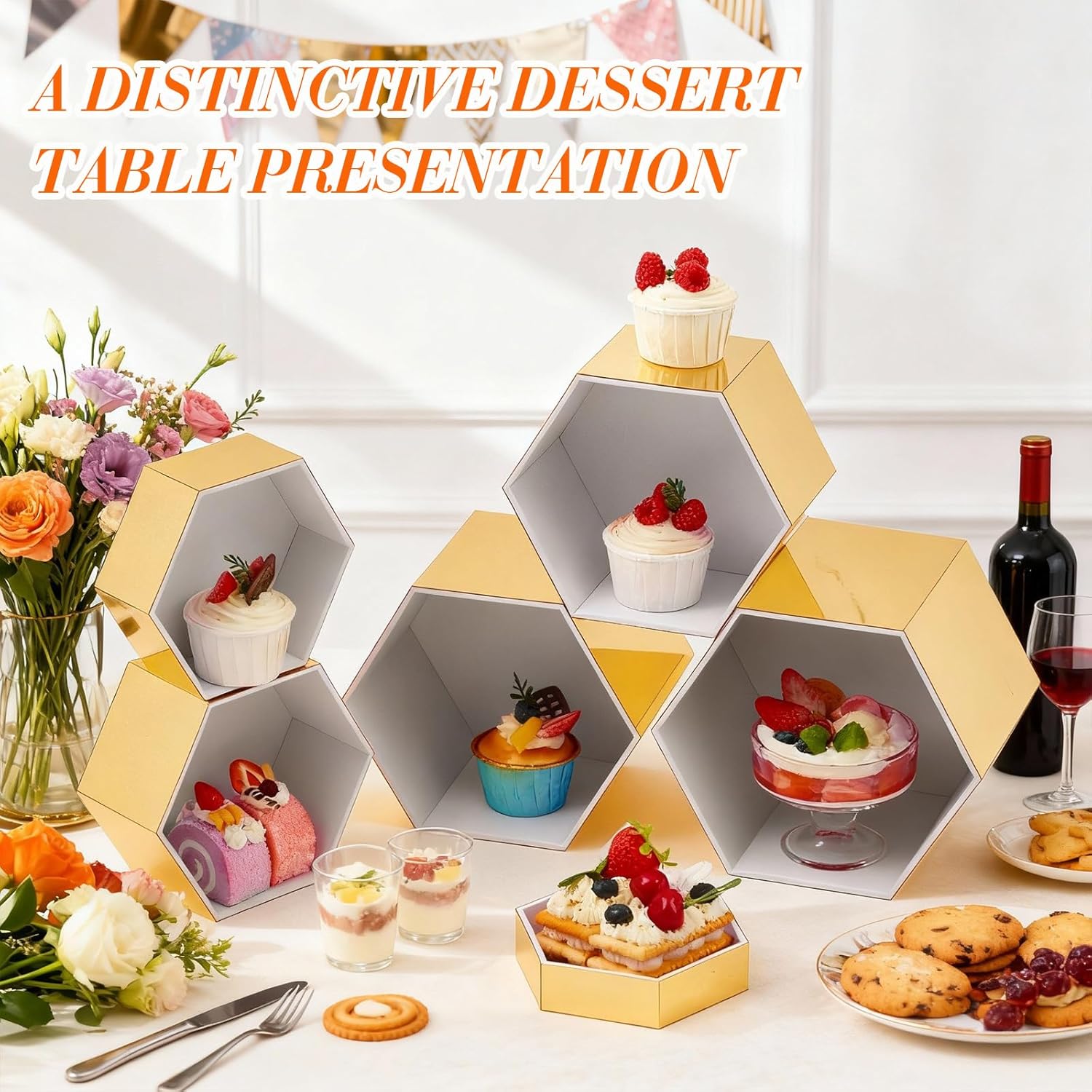 Leinuosen 6 Pcs Large Buffet Risers, 5.5 to 8 Inch Catering Dessert Table Risers Food Decorative Stands with hollow bottom for Catering Supplies, Party(Gold, Hexagonal)