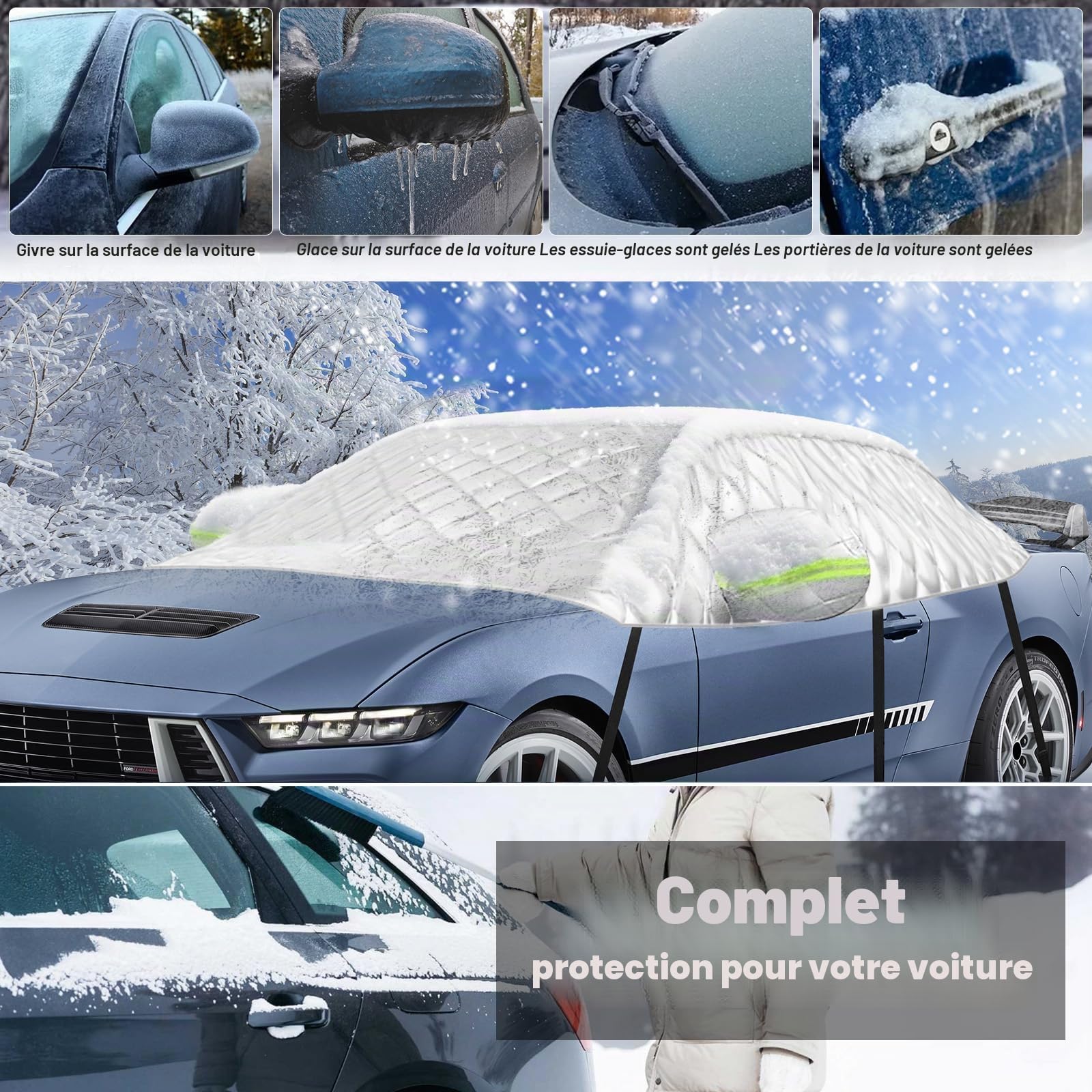 Demi-Housse de Voiture pour 2005-2023 Ford Mustang S197 S550 S650 | 6 Couches, avec Crochets, Bande Réfléchissante et Capuchons D'oreilles, Contre Neige Glace et Givre