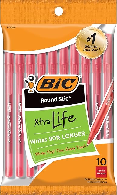 BIC Round Stic Xtra Life Ballpoint Pen, Medium Point (1.0mm), Red, 10-Count