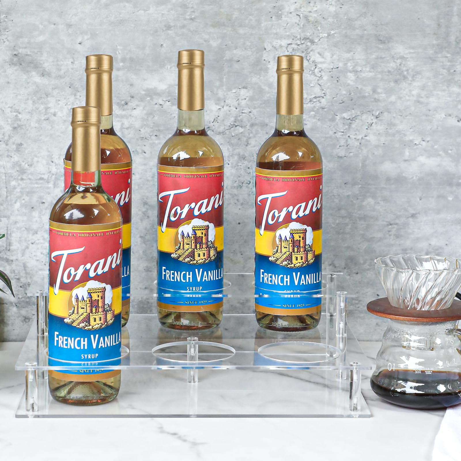 KOLUTI Coffee Syrup Organizer Rack, Clear Acrylic 2 Tier 6 Wine Liquor Bottles Compartment Storage Holder Stand for Kitchen Home Bar Station, Countertop Cabinet Dispenser Shelf Display Decor