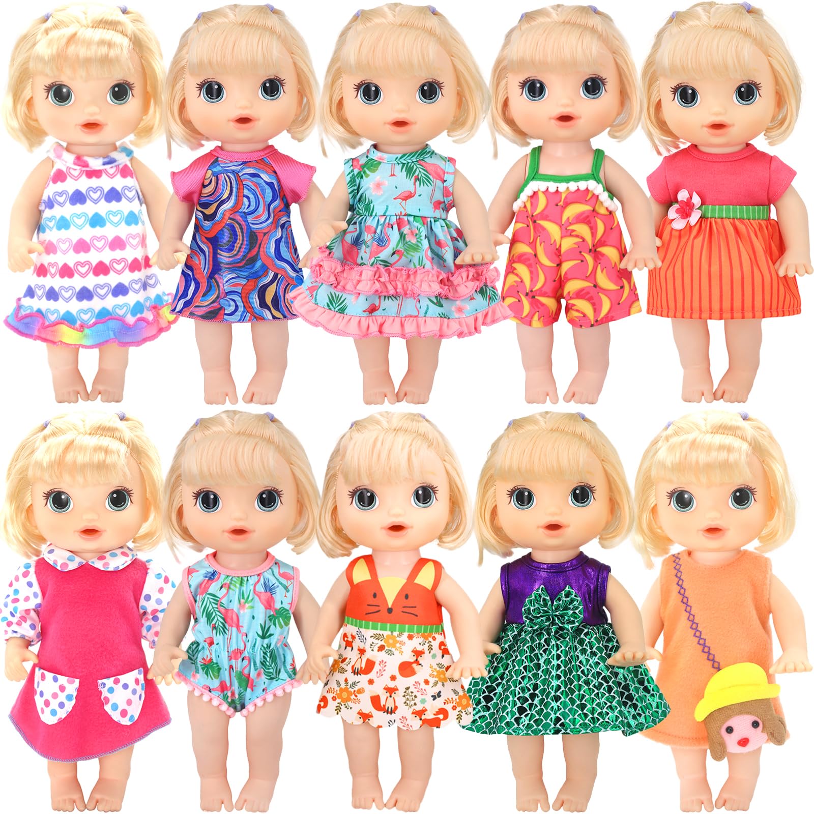 ECORELF 10 Set Alive Baby Doll Clothes, Doll Clothes for 10-12 Inch Girl Dolls Outfits Accessories Include Cute Jumpsuit, Skirts