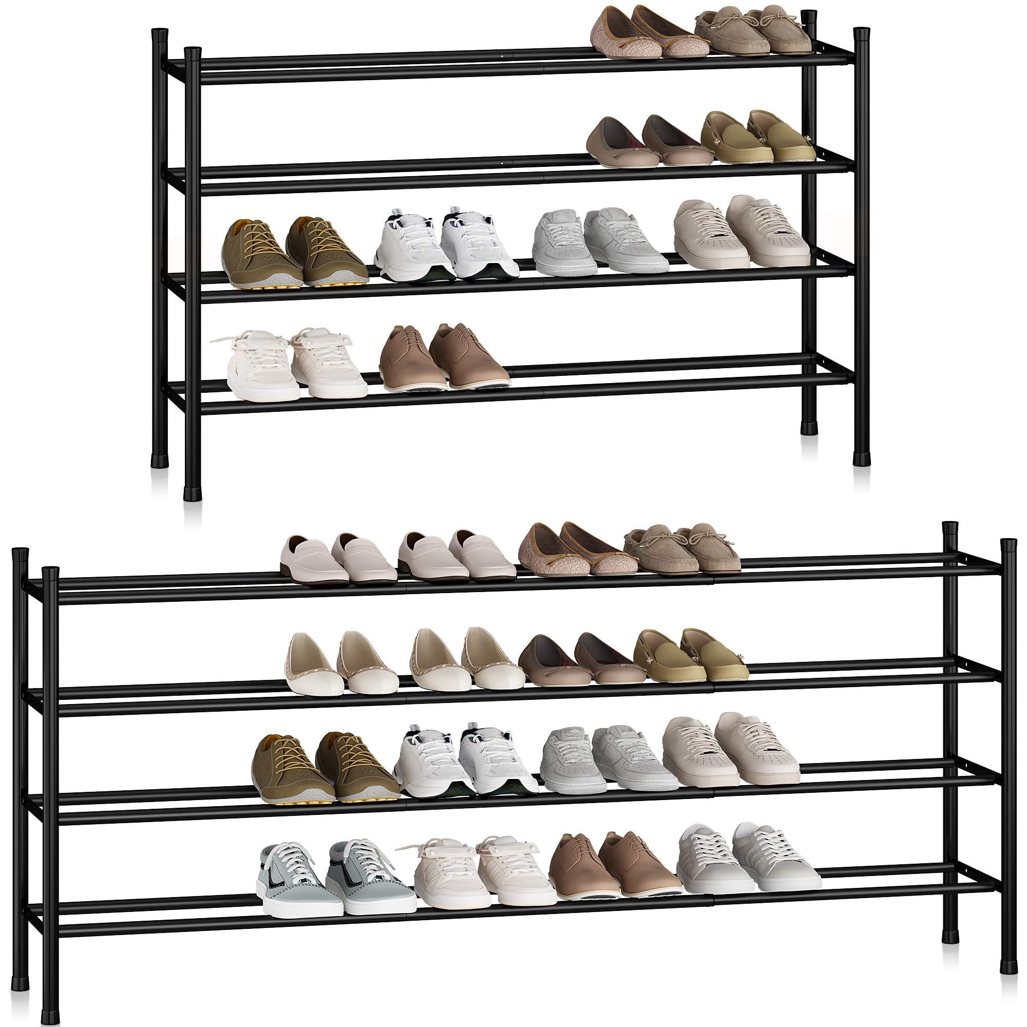 storage maniac long expandable shoe rack, 24 pairs metal wide stackable shoe rack, adjustable shoes shelf, freestanding shoes organizer for closet, entryway, hallway, garage, front door, 4 tiers