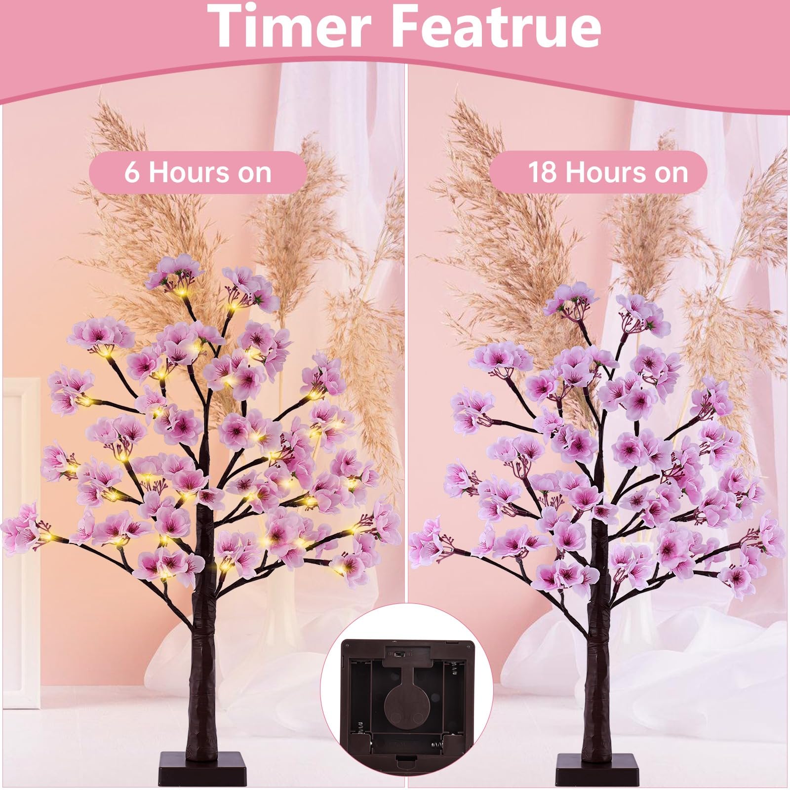 24 Inch Lighted Cherry Blossom Tree - 28 LED Lights Artificial Bonsai Tree with 84 Lush Flowers, Timer Battery/USB Operated Pink Light Up Tabletop Tree for Spring Wedding Party Indoor Outdoor Decor